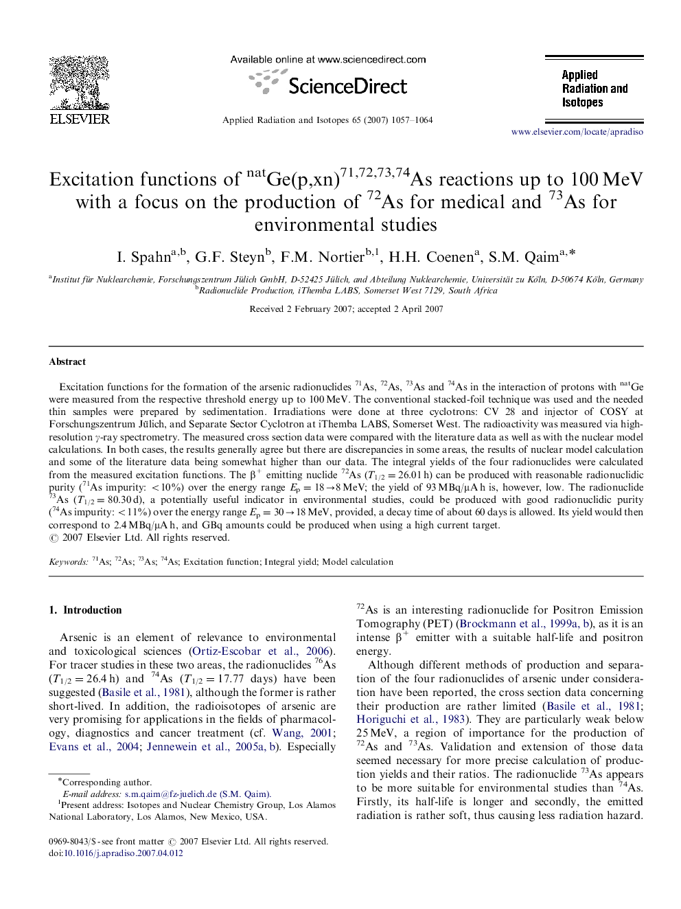 Excitation functions of natGe(p,xn)71,72,73,74As reactions up to 100 MeV with a focus on the production of 72As for medical and 73As for environmental studies