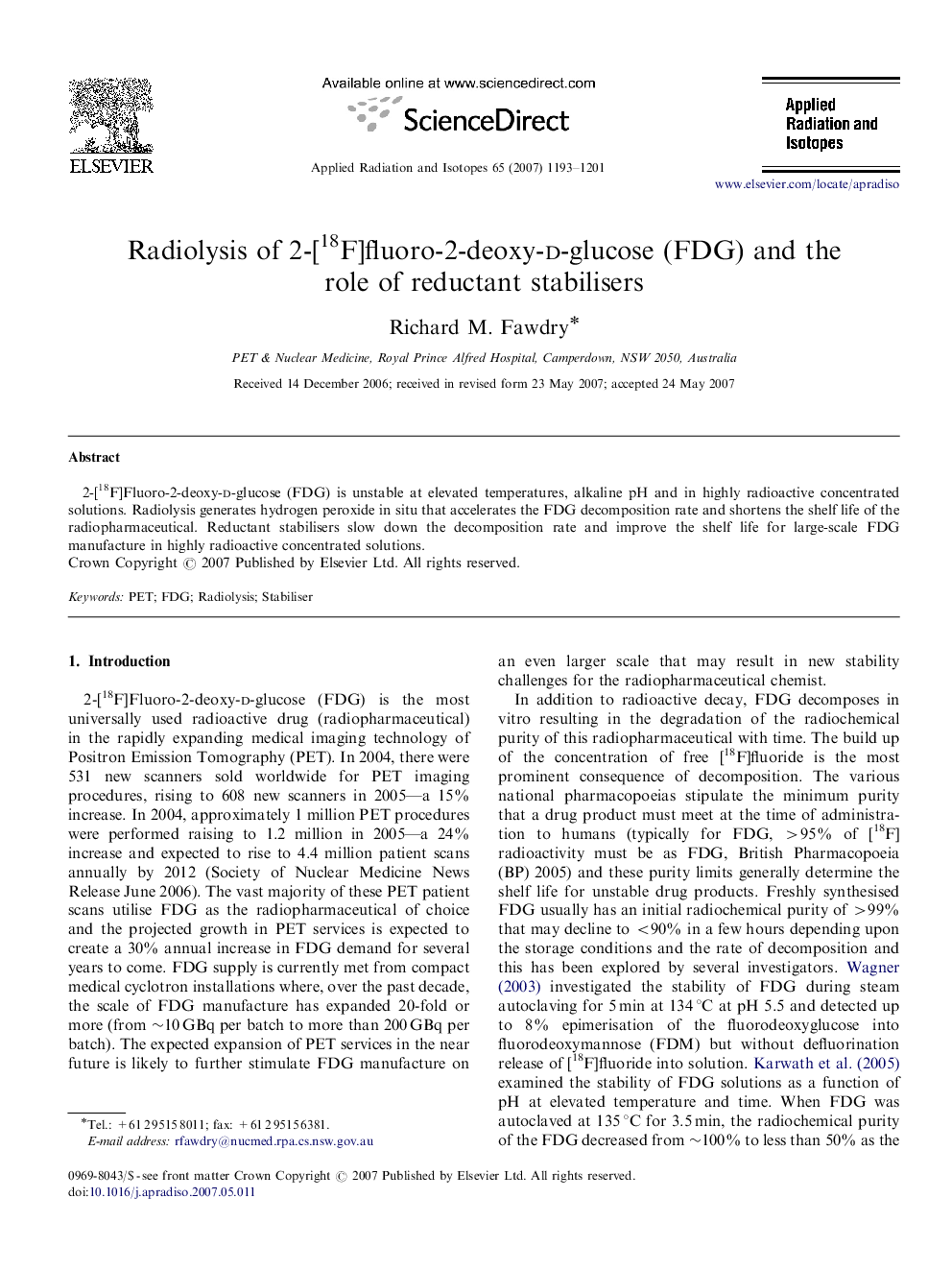 Radiolysis of 2-[18F]fluoro-2-deoxy-d-glucose (FDG) and the role of reductant stabilisers