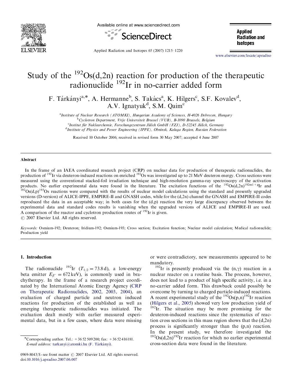 Study of the 192Os(d,2n) reaction for production of the therapeutic radionuclide 192Ir in no-carrier added form