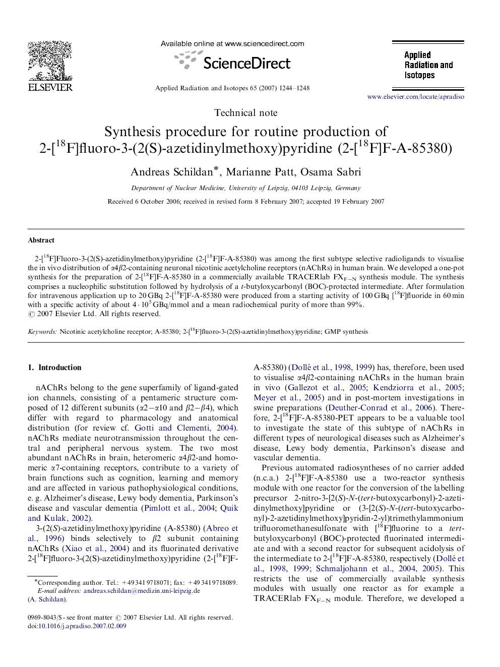Synthesis procedure for routine production of 2-[18F]fluoro-3-(2(S)-azetidinylmethoxy)pyridine (2-[18F]F-A-85380)