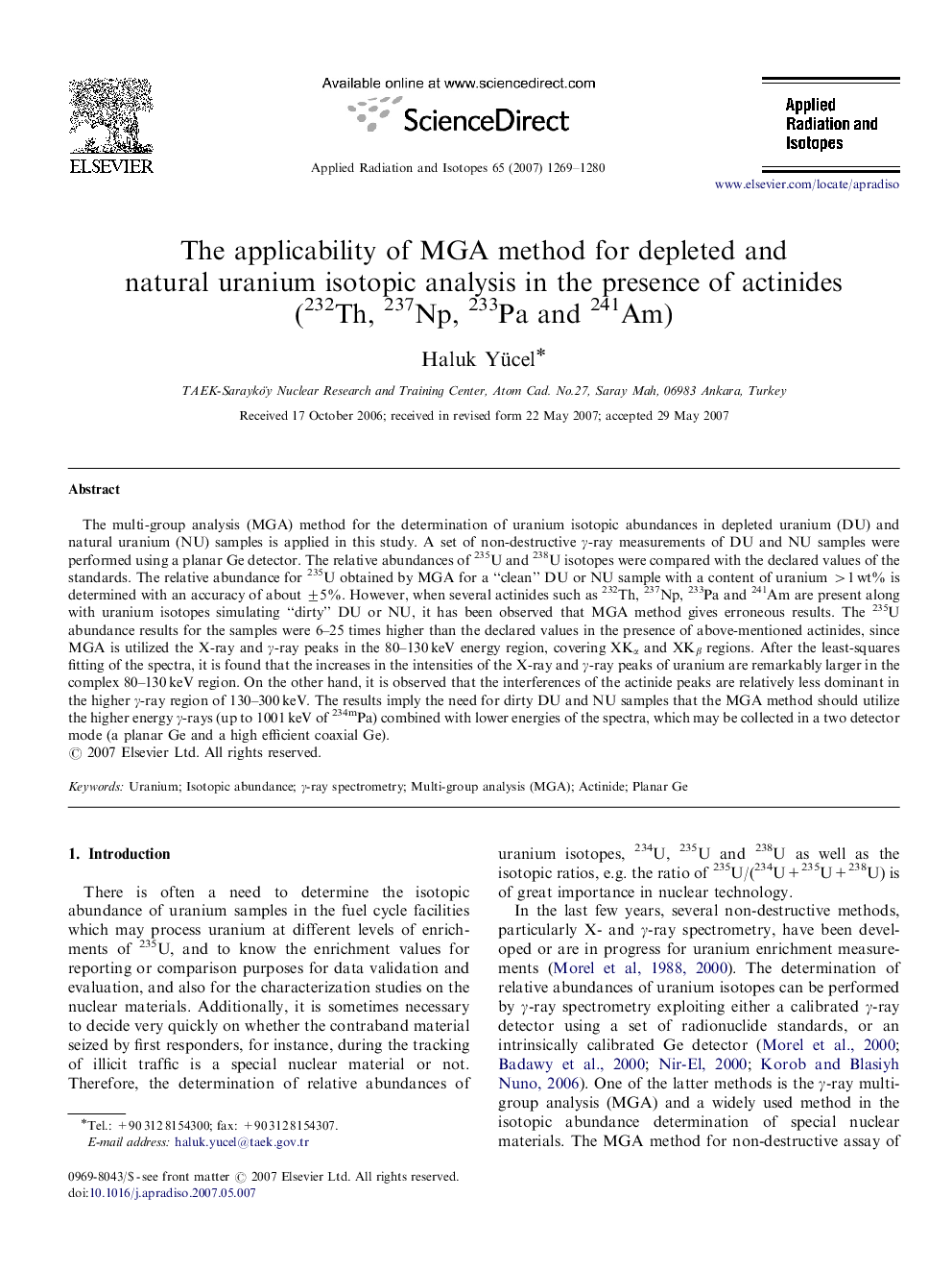 The applicability of MGA method for depleted and natural uranium isotopic analysis in the presence of actinides (232Th, 237Np, 233Pa and 241Am)