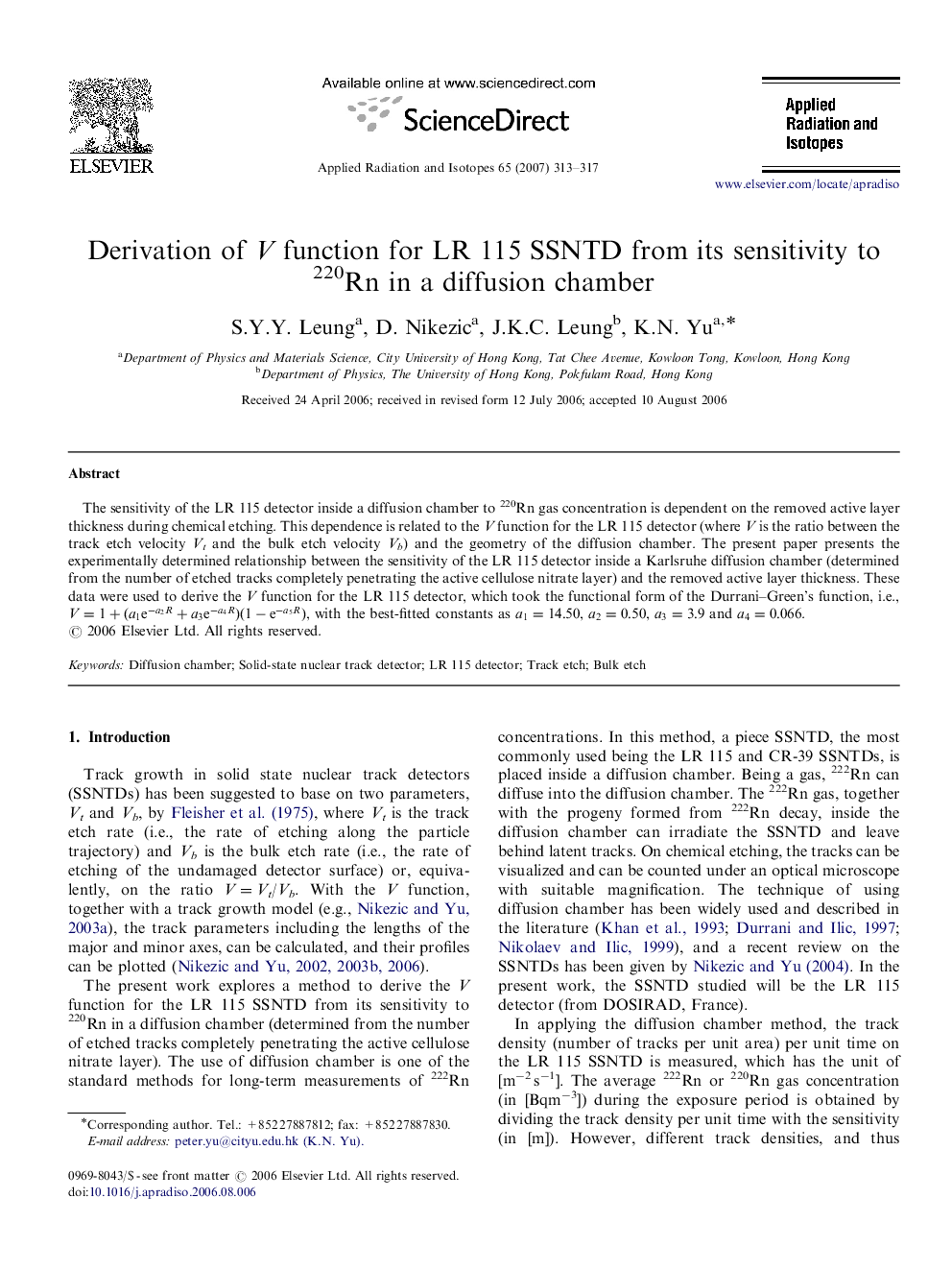 Derivation of V function for LR 115 SSNTD from its sensitivity to 220Rn in a diffusion chamber