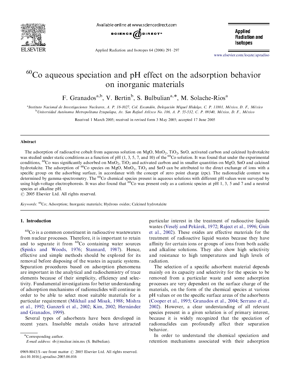 60Co aqueous speciation and pH effect on the adsorption behavior on inorganic materials