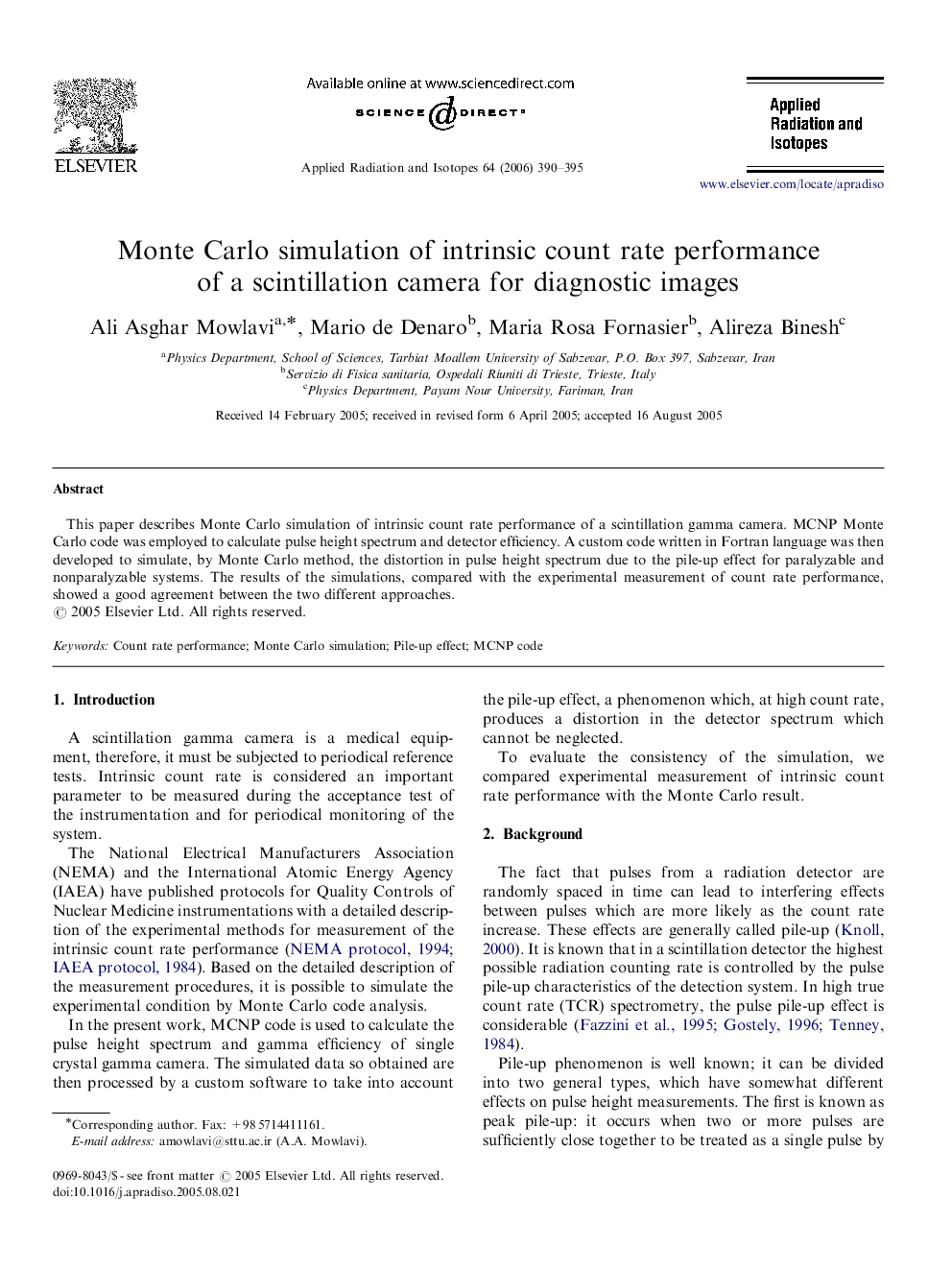 Monte Carlo simulation of intrinsic count rate performance of a scintillation camera for diagnostic images