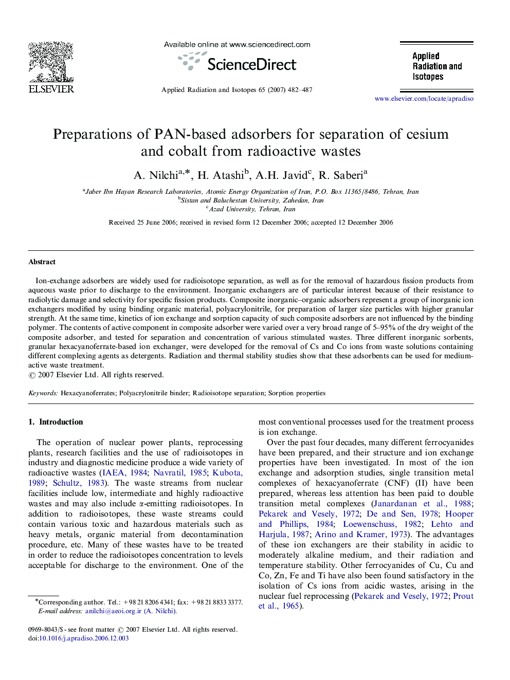 Preparations of PAN-based adsorbers for separation of cesium and cobalt from radioactive wastes