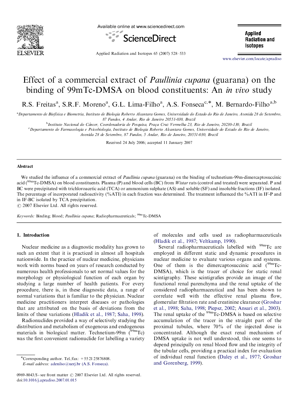 Effect of a commercial extract of Paullinia cupana (guarana) on the binding of 99mTc-DMSA on blood constituents: An in vivo study