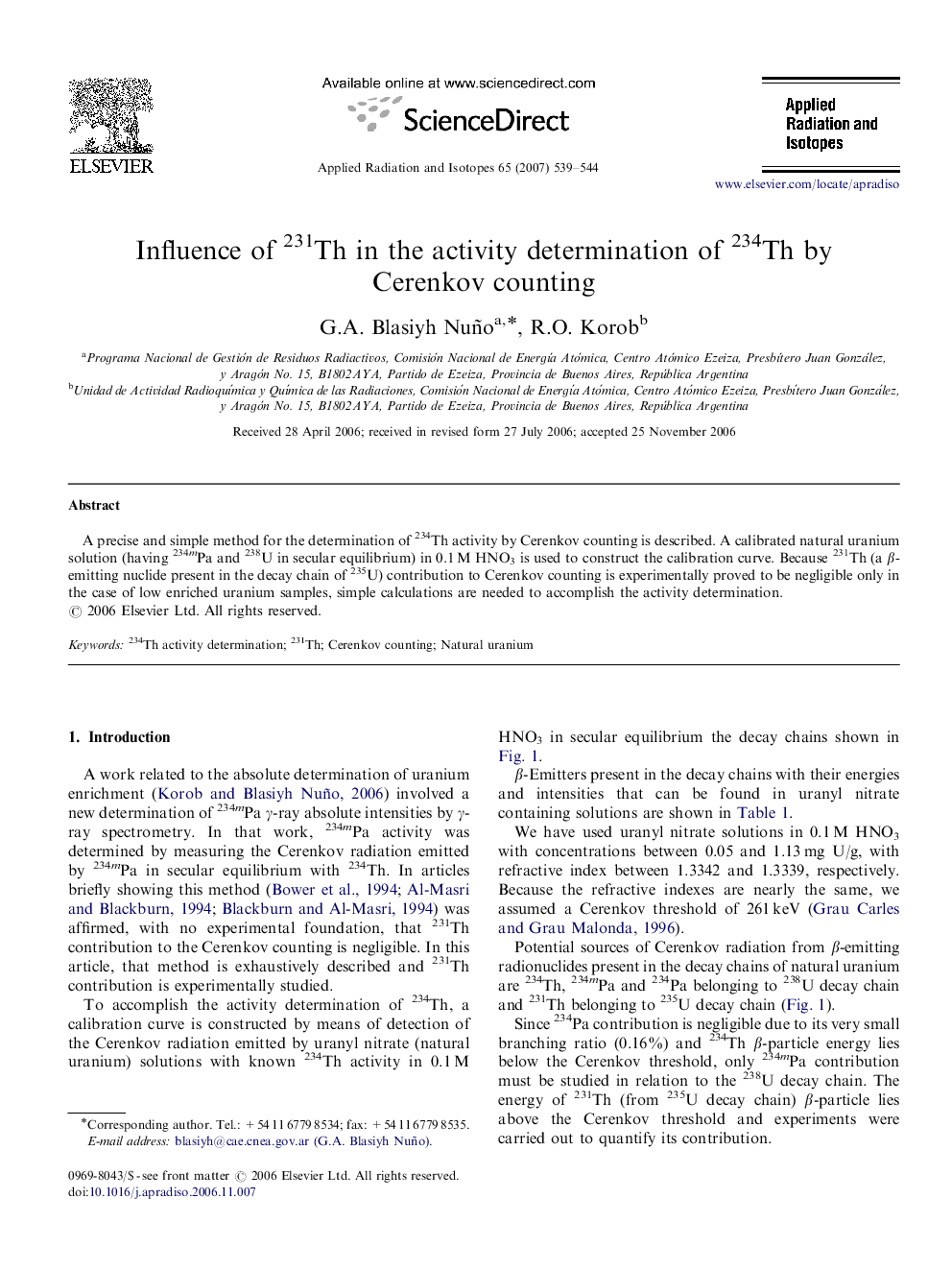 Influence of 231Th in the activity determination of 234Th by Cerenkov counting