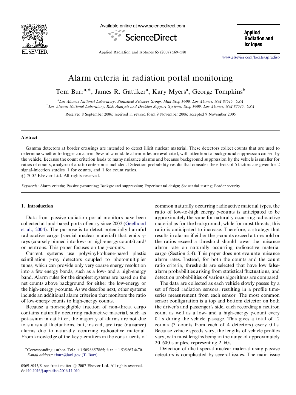 Alarm criteria in radiation portal monitoring