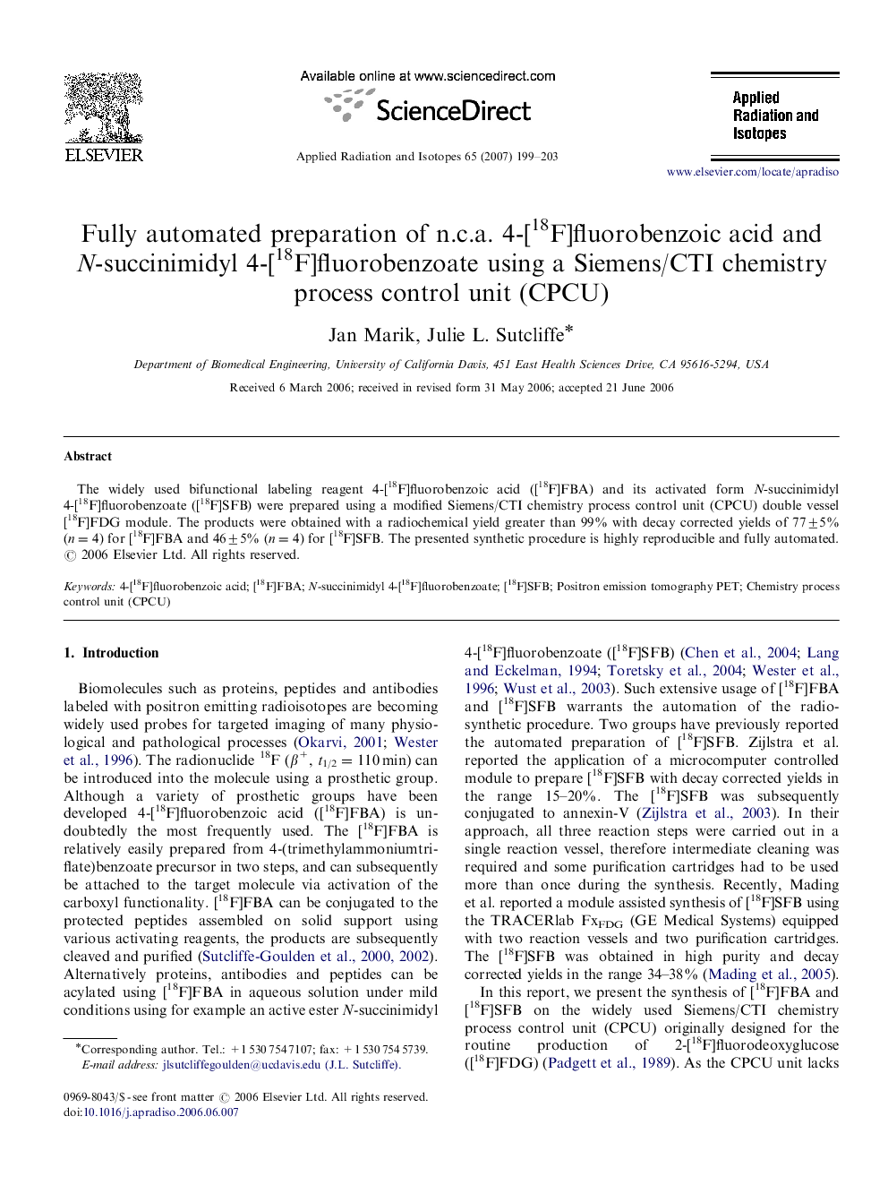 Fully automated preparation of n.c.a. 4-[18F]fluorobenzoic acid and N-succinimidyl 4-[18F]fluorobenzoate using a Siemens/CTI chemistry process control unit (CPCU)