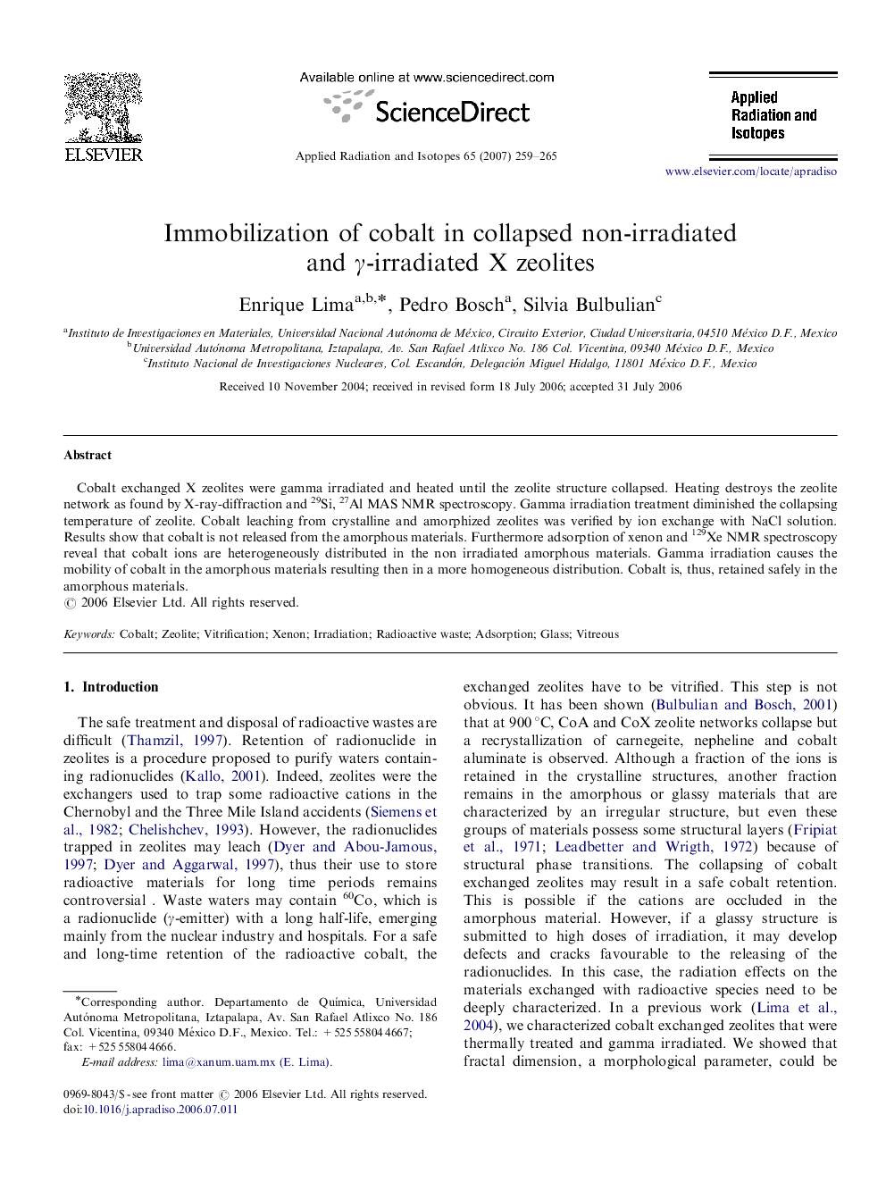 Immobilization of cobalt in collapsed non-irradiated and γ-irradiated X zeolites