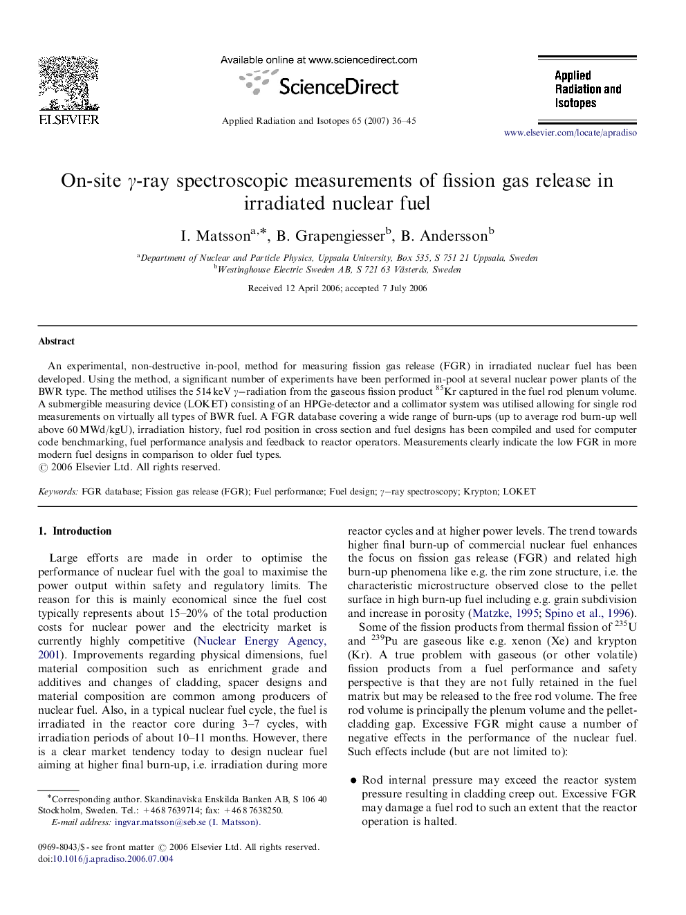 On-site Î³-ray spectroscopic measurements of fission gas release in irradiated nuclear fuel