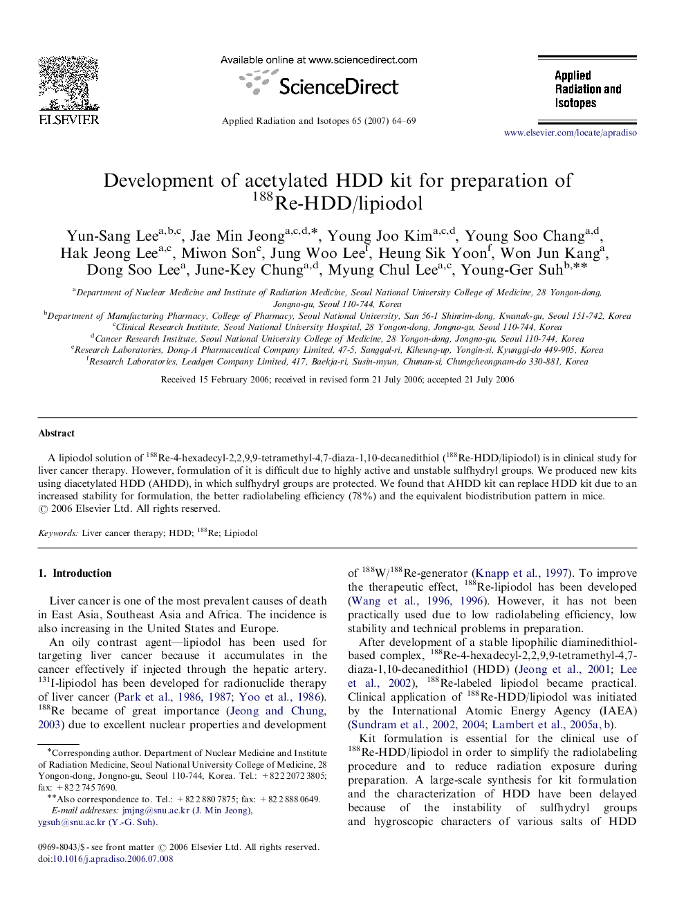 Development of acetylated HDD kit for preparation of 188Re-HDD/lipiodol