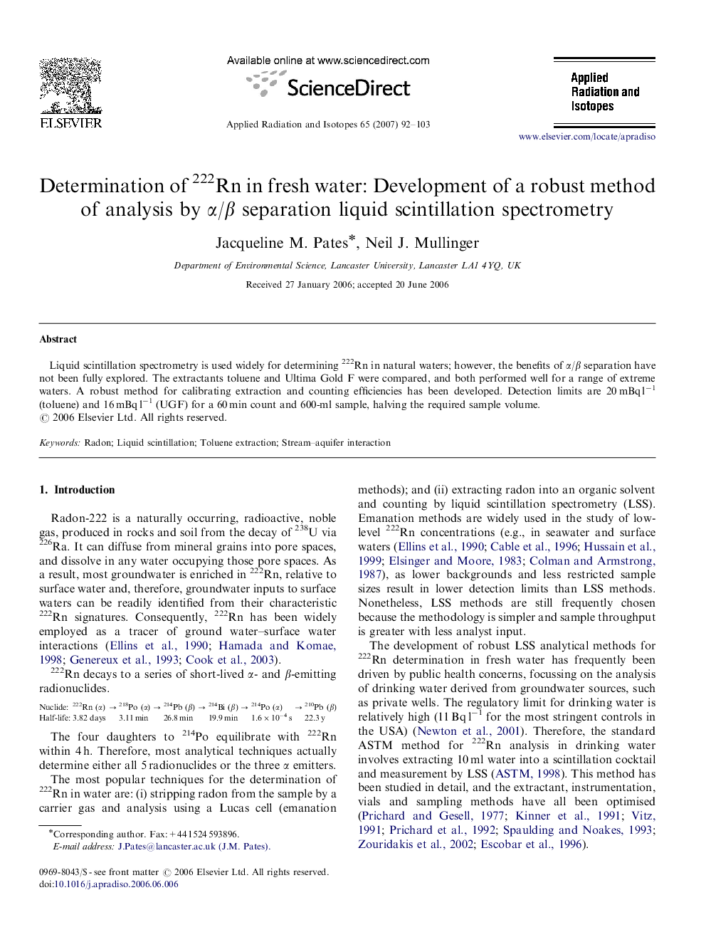 Determination of 222Rn in fresh water: Development of a robust method of analysis by Î±/Î² separation liquid scintillation spectrometry