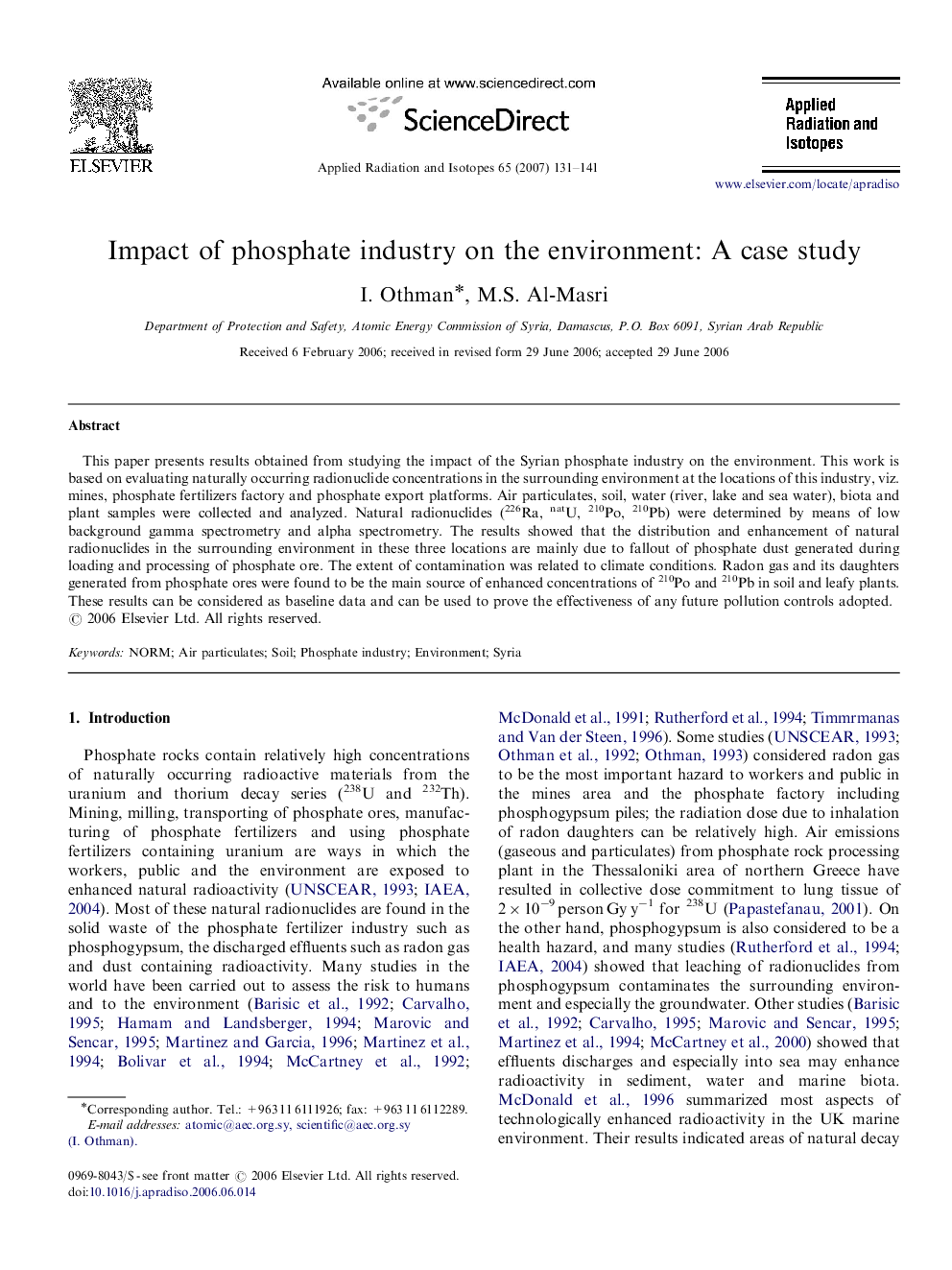 Impact of phosphate industry on the environment: A case study