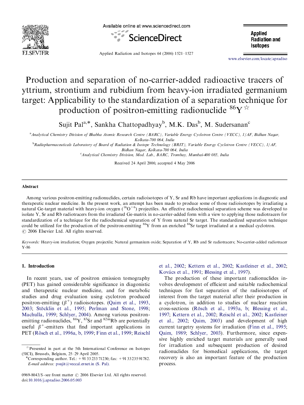 Production and separation of no-carrier-added radioactive tracers of yttrium, strontium and rubidium from heavy-ion irradiated germanium target: Applicability to the standardization of a separation technique for production of positron-emitting radionuclid