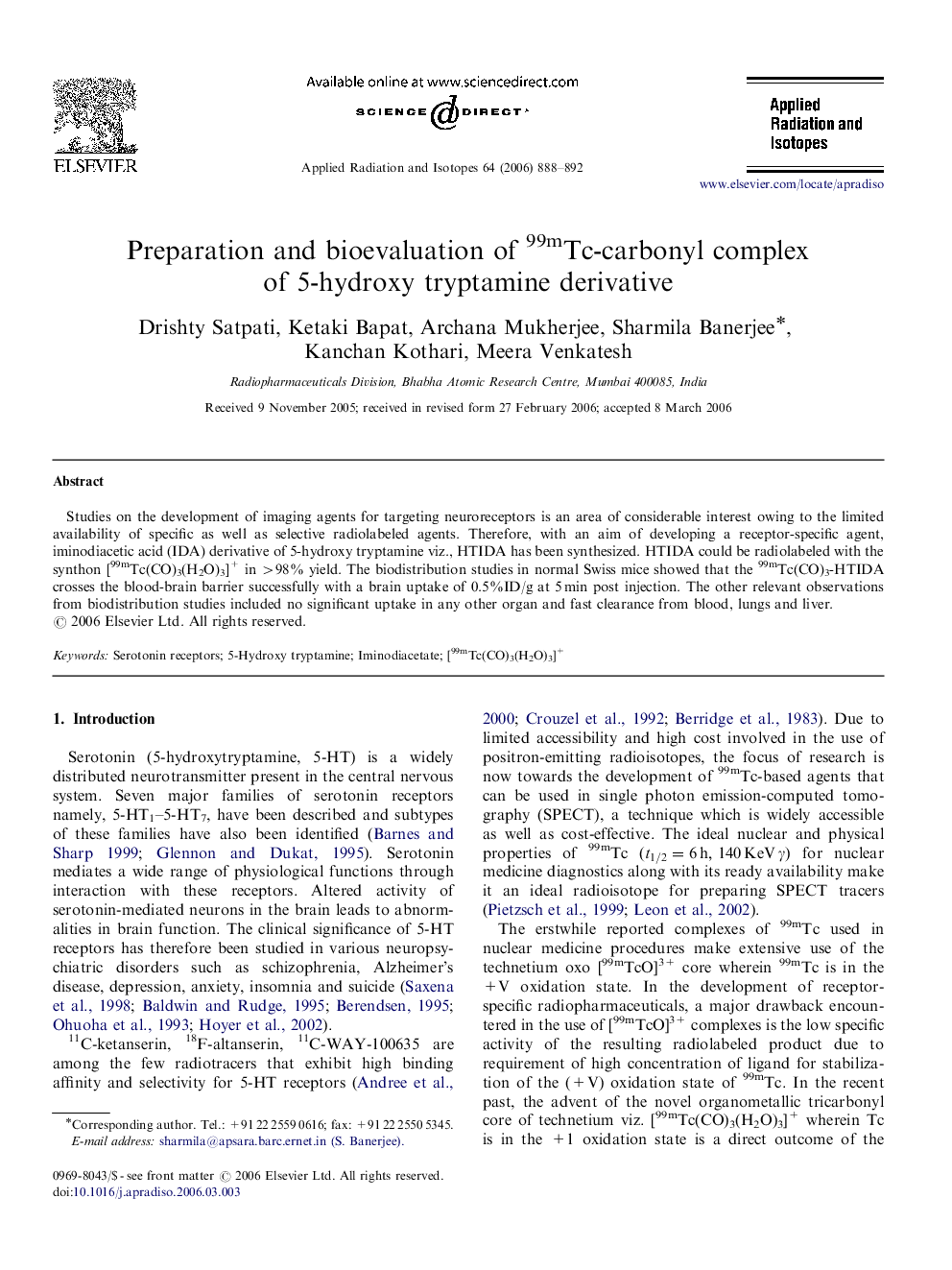 Preparation and bioevaluation of 99mTc-carbonyl complex of 5-hydroxy tryptamine derivative