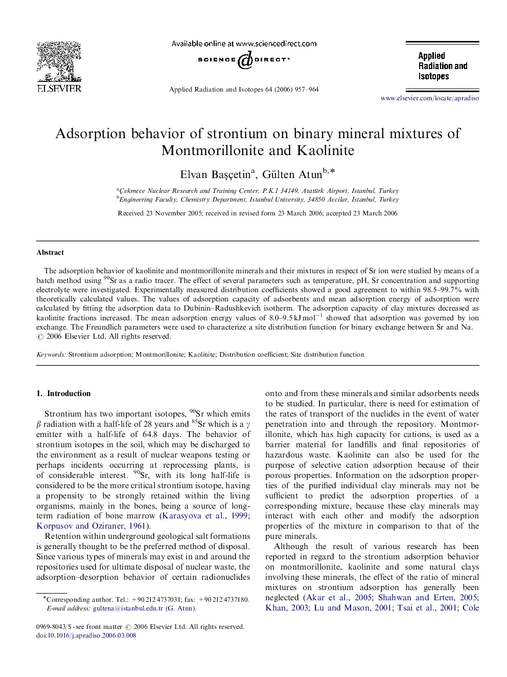 Adsorption behavior of strontium on binary mineral mixtures of Montmorillonite and Kaolinite