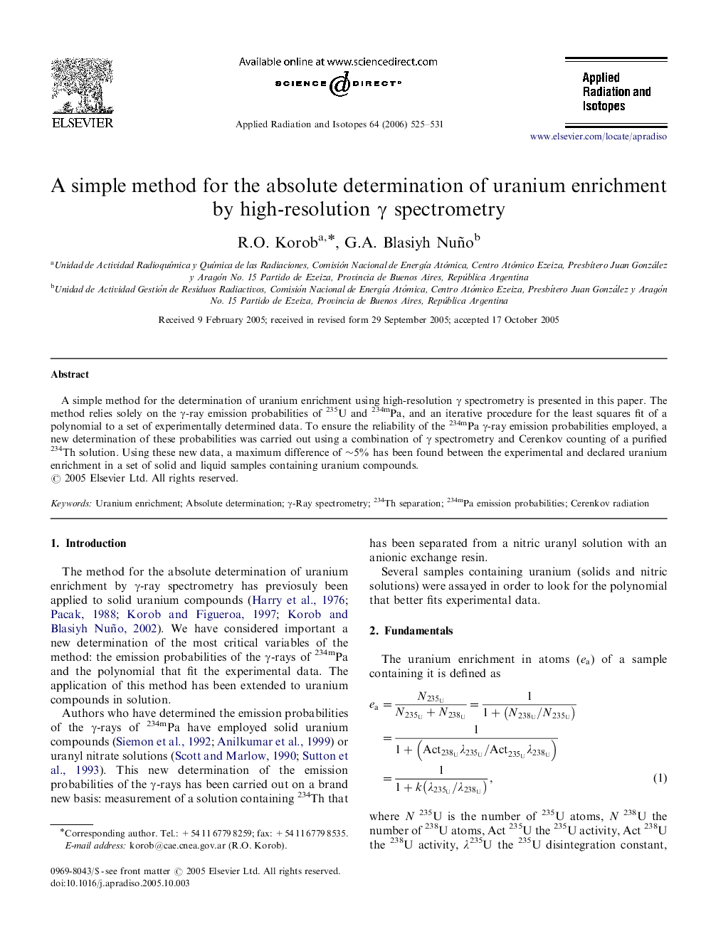 A simple method for the absolute determination of uranium enrichment by high-resolution γ spectrometry