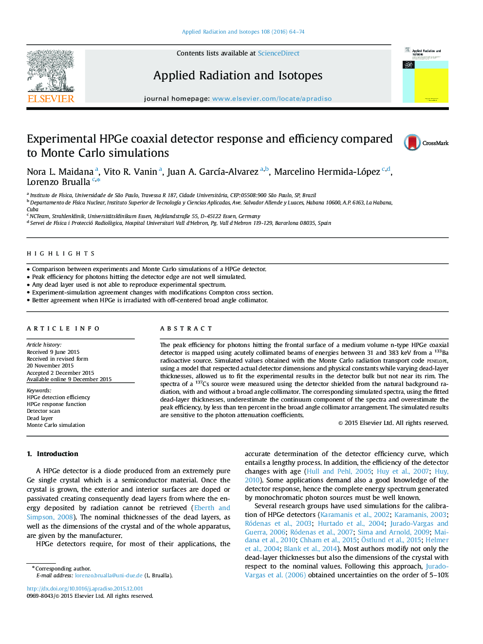 عکس صفحه اول مقاله: Experimental HPGe coaxial detector response and efficiency compared to Monte Carlo simulations Experimental HPGe coaxial detector response and efficiency compared to Monte Carlo simulations