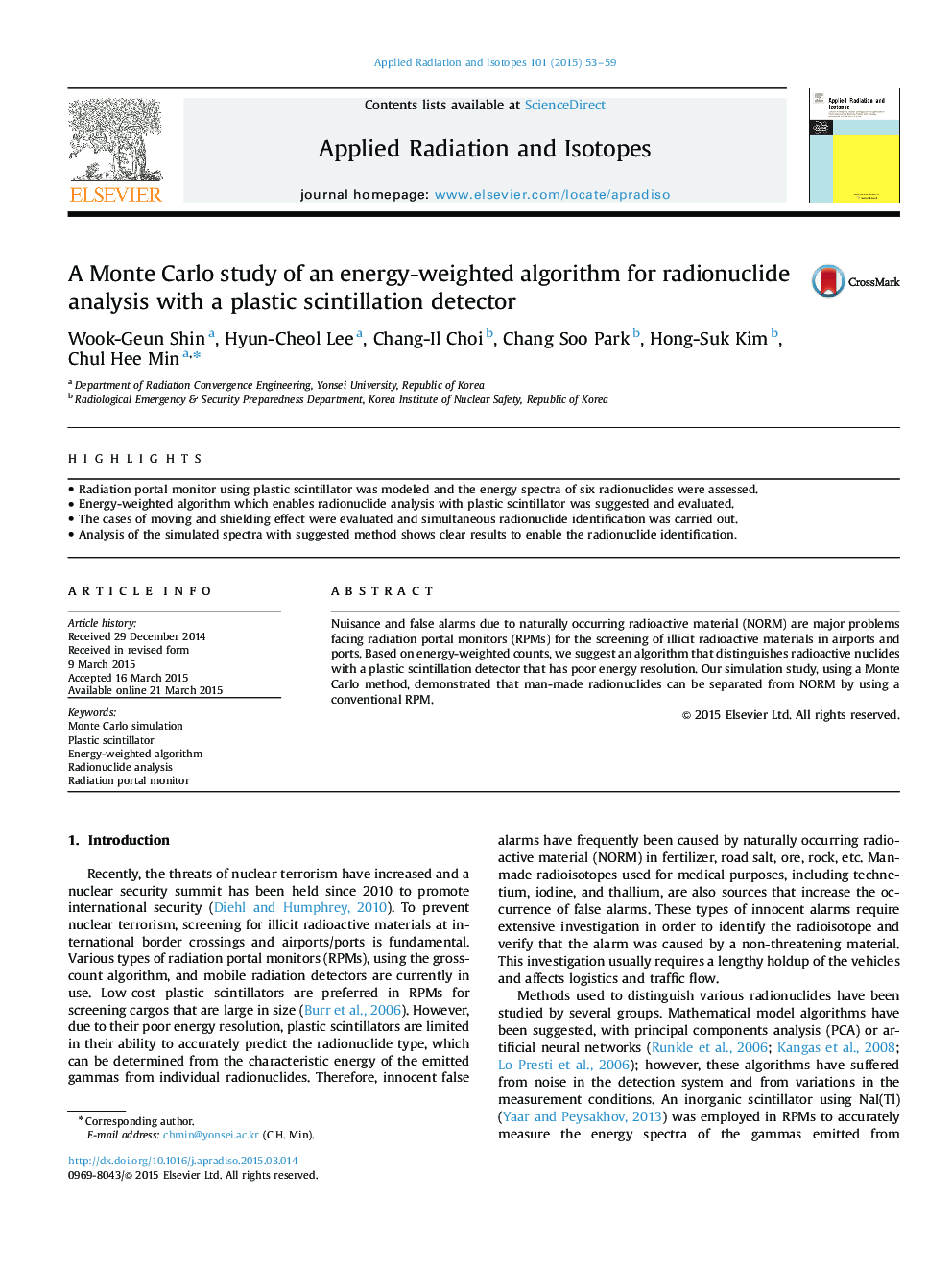 A Monte Carlo study of an energy-weighted algorithm for radionuclide analysis with a plastic scintillation detector