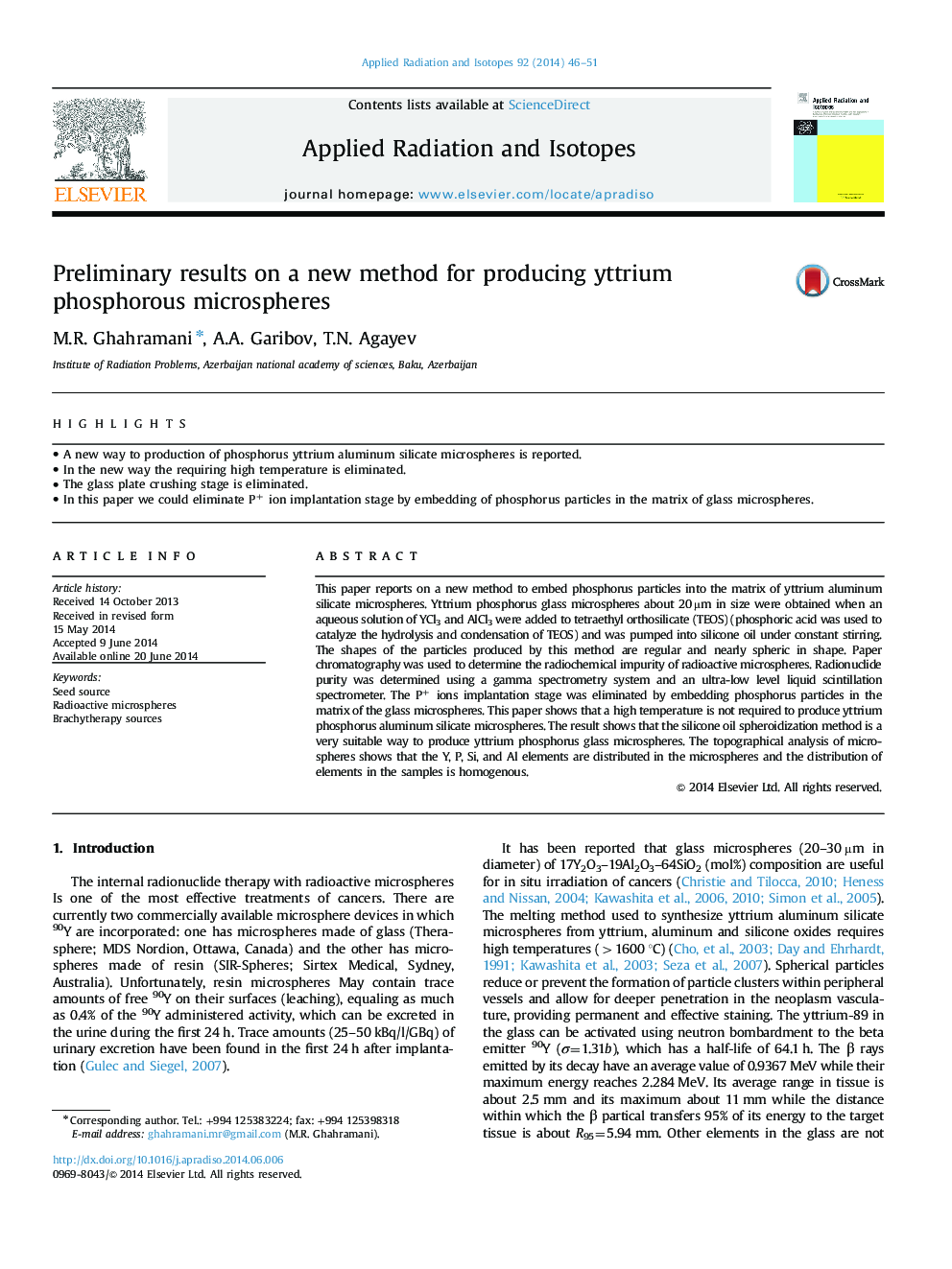 Preliminary results on a new method for producing yttrium phosphorous microspheres