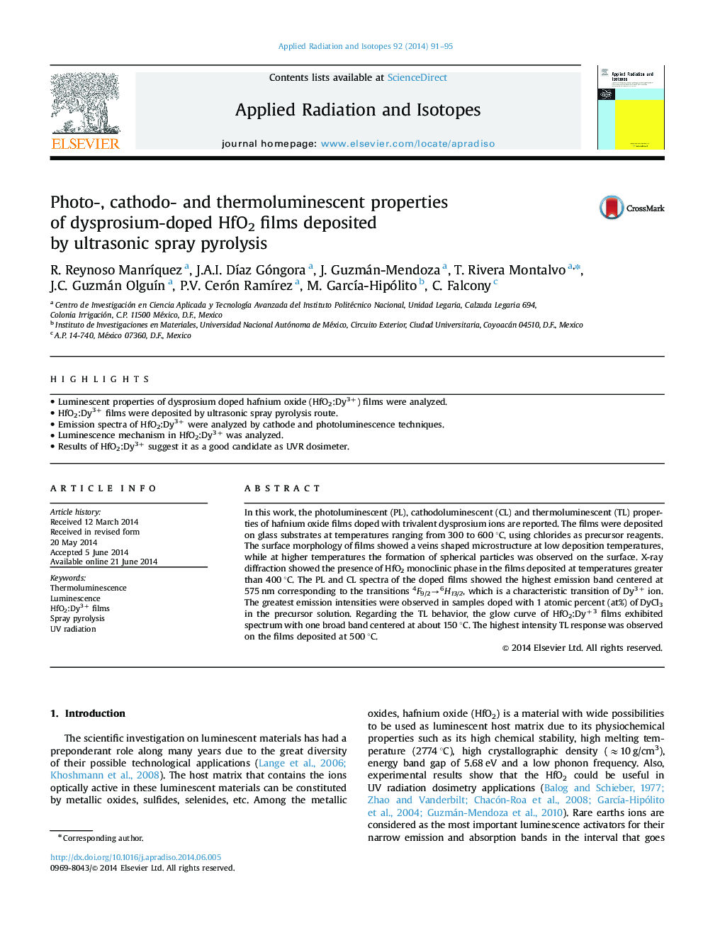 Photo-, cathodo- and thermoluminescent properties of dysprosium-doped HfO2 films deposited by ultrasonic spray pyrolysis