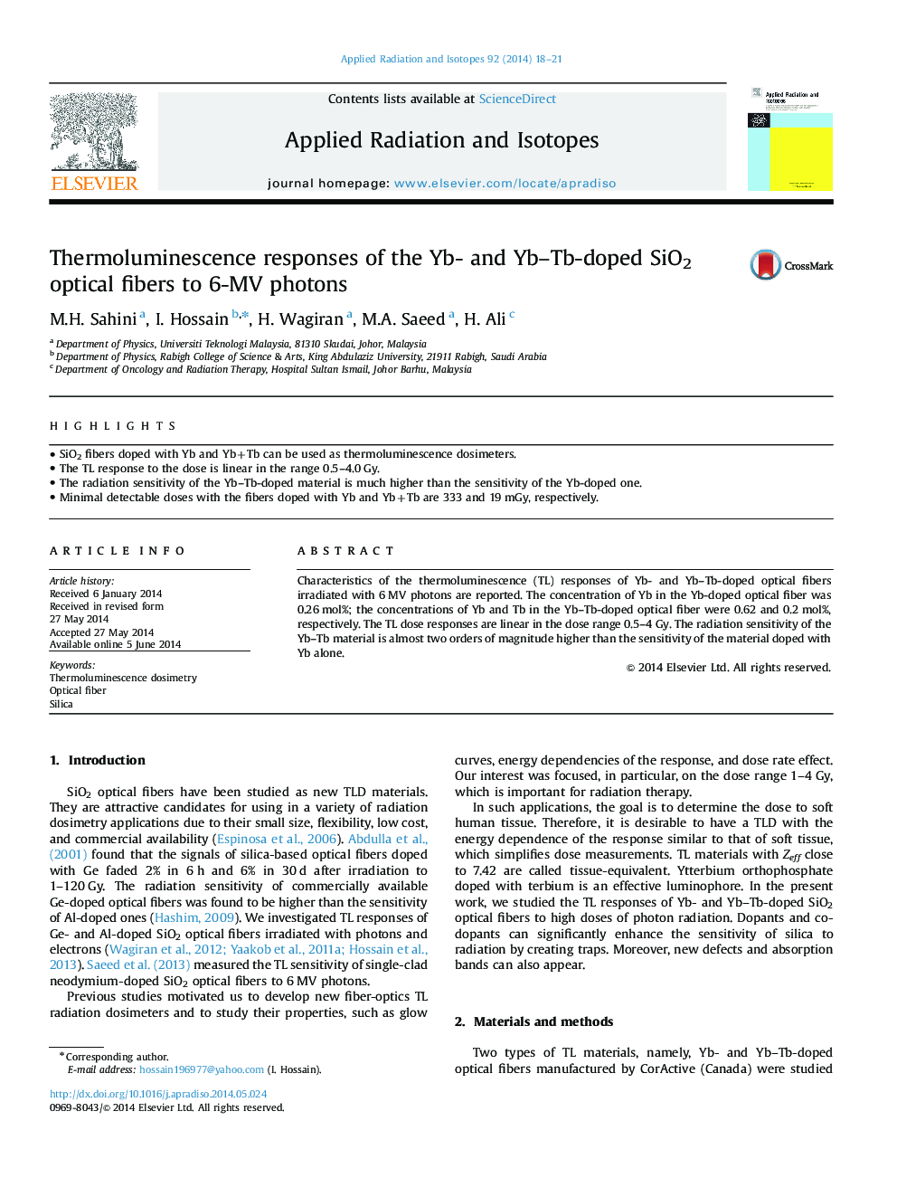 Thermoluminescence responses of the Yb- and Yb–Tb-doped SiO2 optical fibers to 6-MV photons