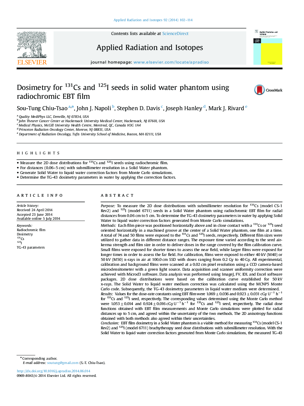 Dosimetry for 131Cs and 125I seeds in solid water phantom using radiochromic EBT film