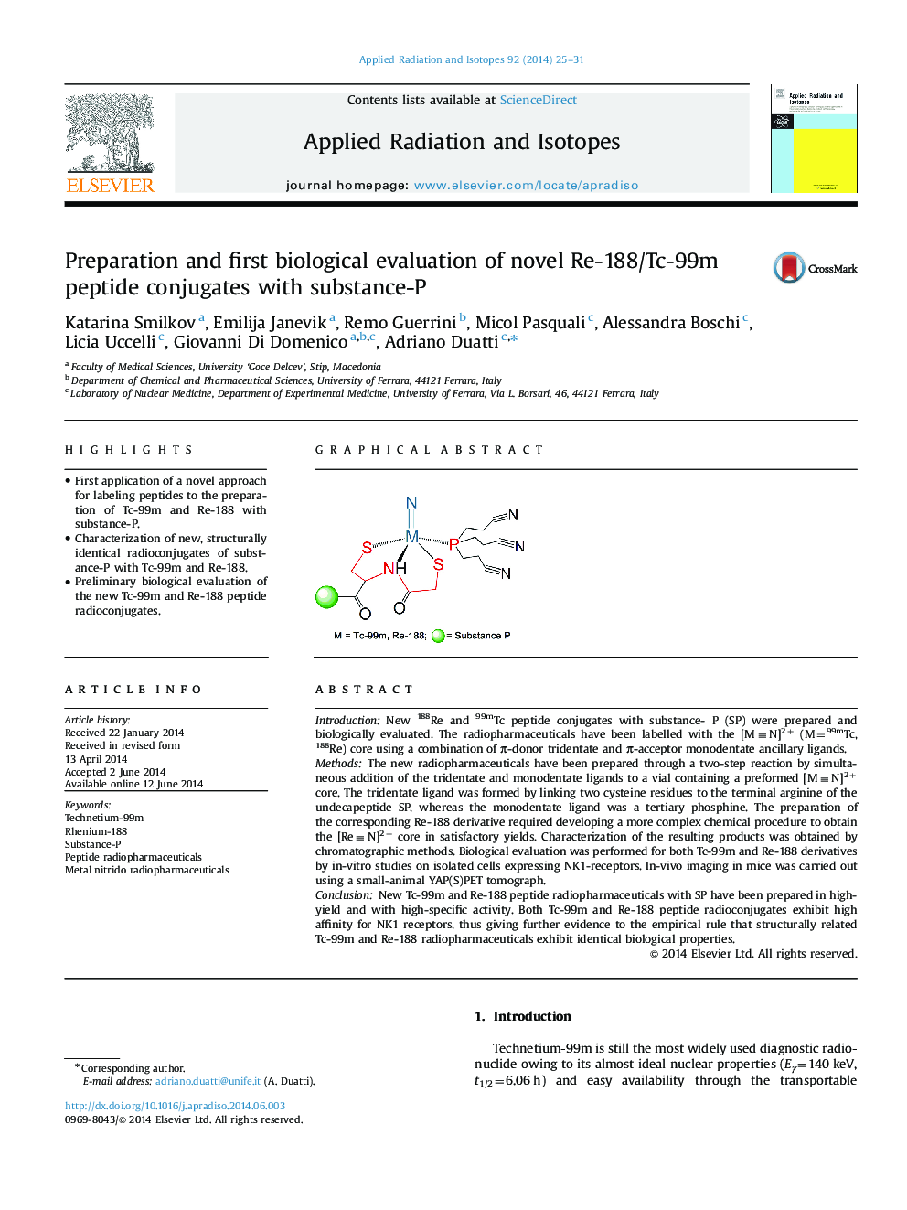 Preparation and first biological evaluation of novel Re-188/Tc-99m peptide conjugates with substance-P