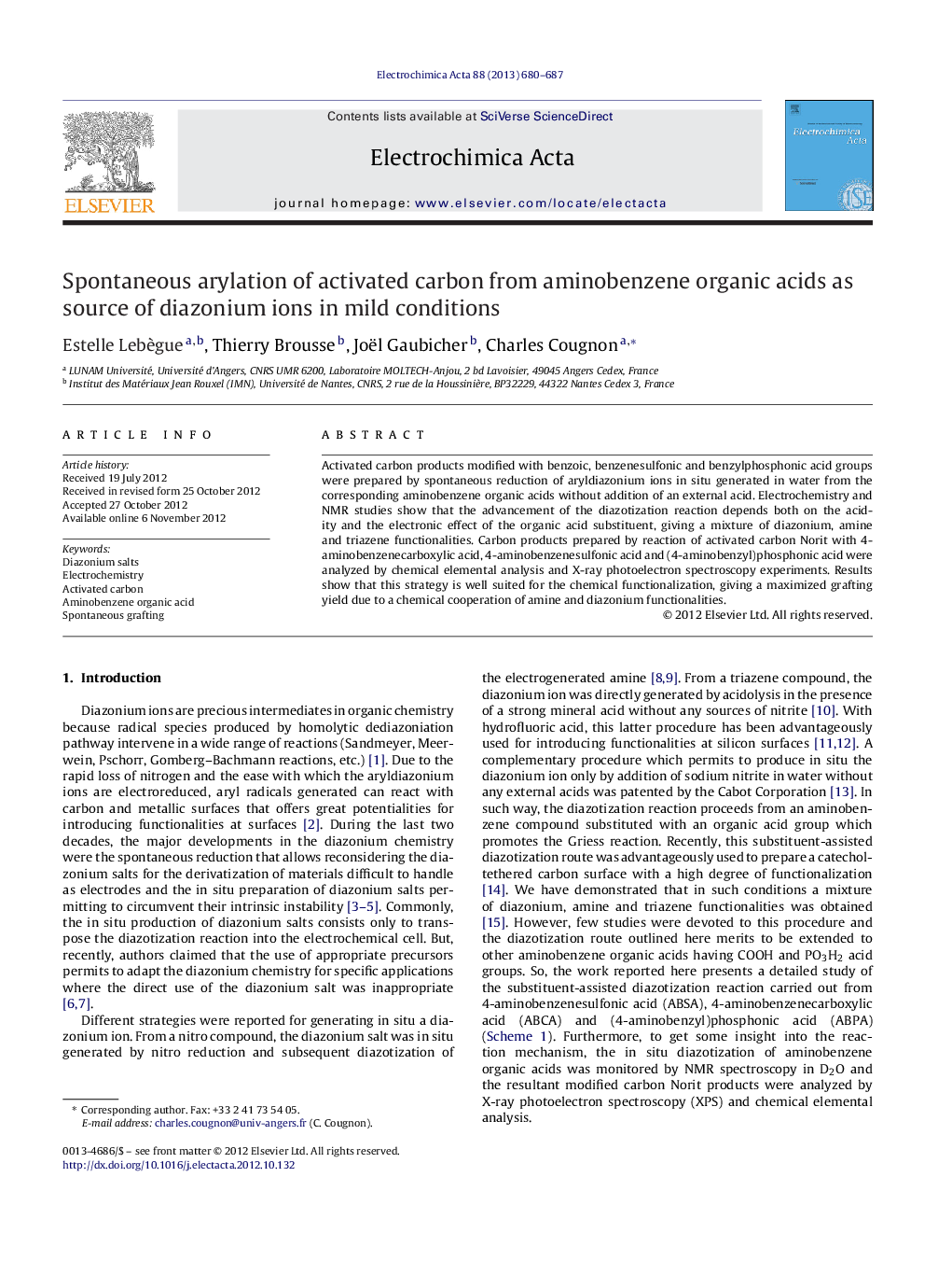 عکس صفحه اول مقاله: Spontaneous arylation of activated carbon from aminobenzene organic acids as source of diazonium ions in mild conditions Spontaneous arylation of activated carbon from aminobenzene organic acids as source of diazonium ions in mild conditions