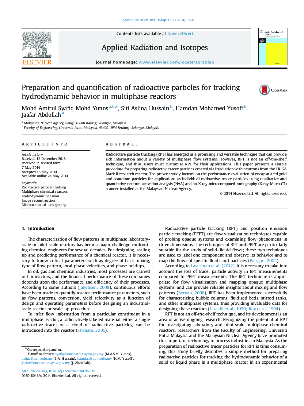 Preparation and quantification of radioactive particles for tracking hydrodynamic behavior in multiphase reactors