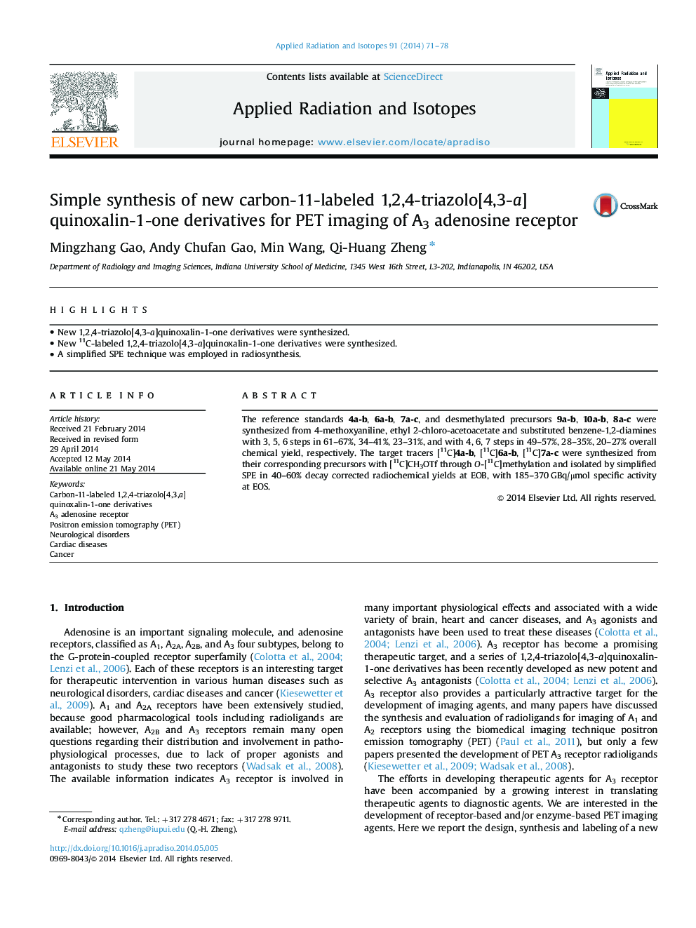 Simple synthesis of new carbon-11-labeled 1,2,4-triazolo[4,3-a]quinoxalin-1-one derivatives for PET imaging of A3 adenosine receptor