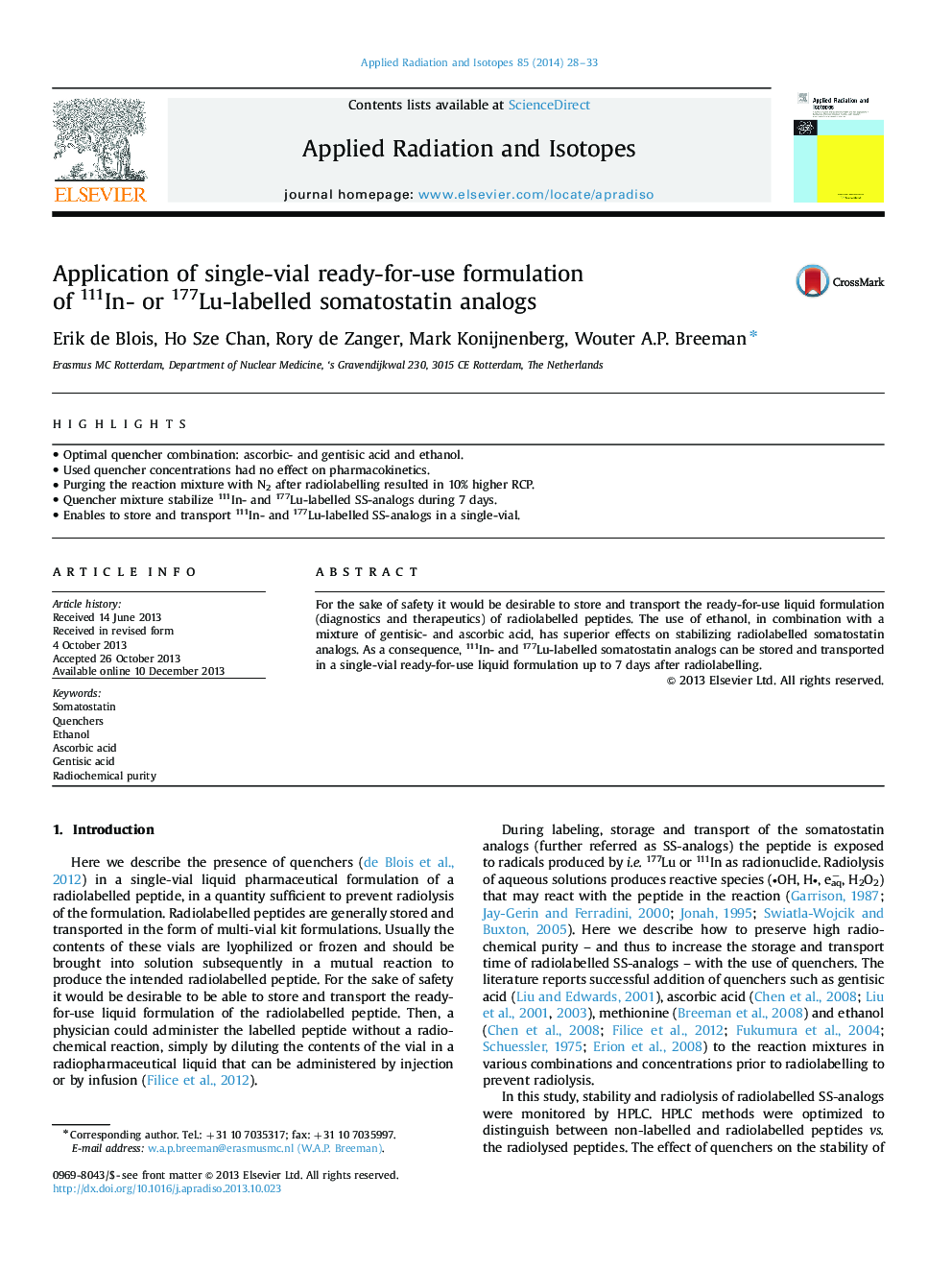 Application of single-vial ready-for-use formulation of 111In- or 177Lu-labelled somatostatin analogs