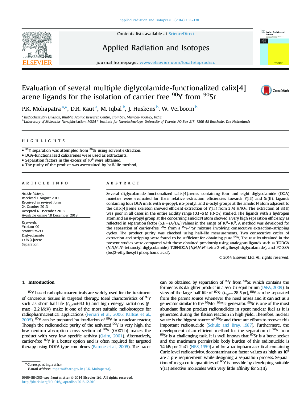 Evaluation of several multiple diglycolamide-functionalized calix[4]arene ligands for the isolation of carrier free 90Y from 90Sr