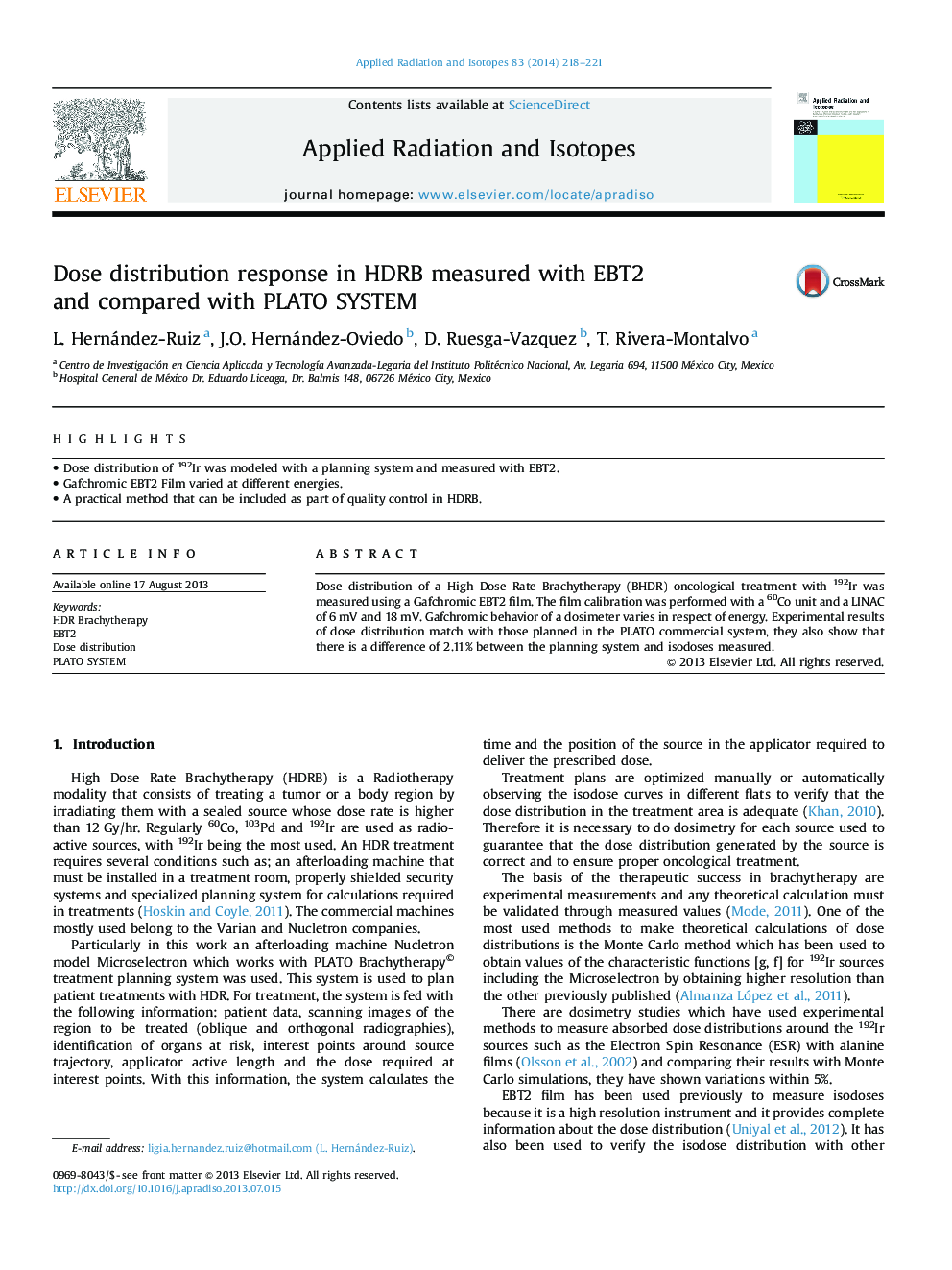 Dose distribution response in HDRB measured with EBT2 and compared with PLATO SYSTEM