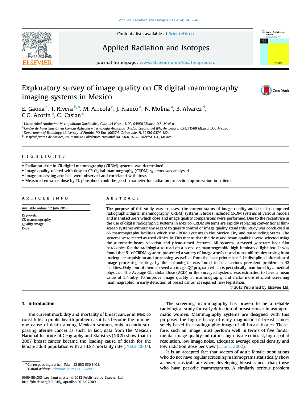 Exploratory survey of image quality on CR digital mammography imaging systems in Mexico