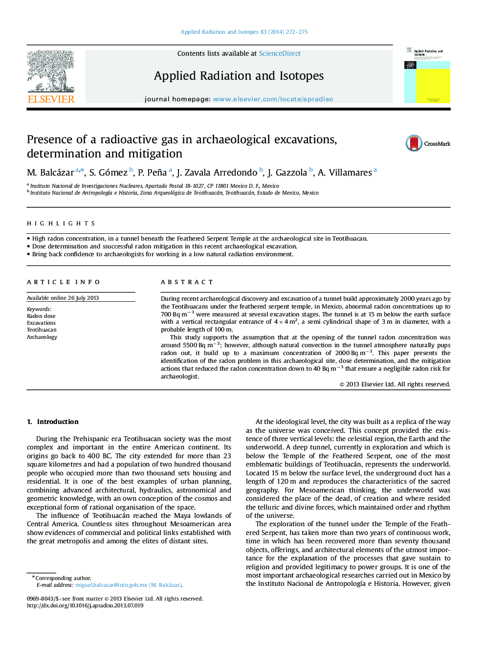 Presence of a radioactive gas in archaeological excavations, determination and mitigation