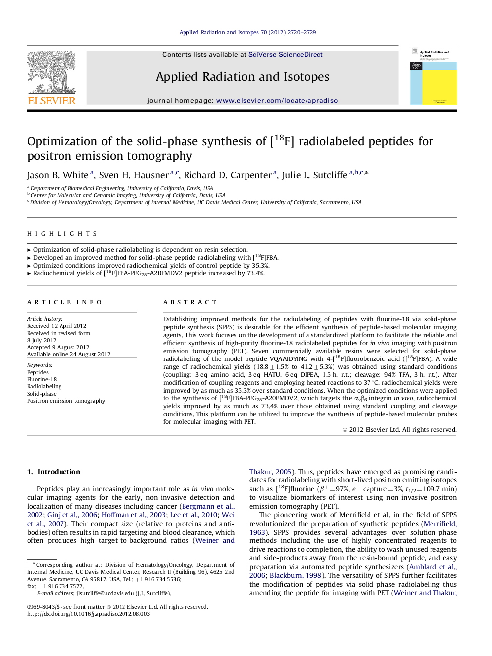 Optimization of the solid-phase synthesis of [18F] radiolabeled peptides for positron emission tomography