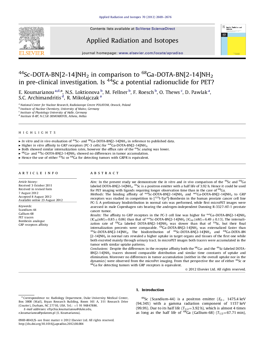 44Sc-DOTA-BN[2-14]NH2 in comparison to 68Ga-DOTA-BN[2-14]NH2 in pre-clinical investigation. Is 44Sc a potential radionuclide for PET?