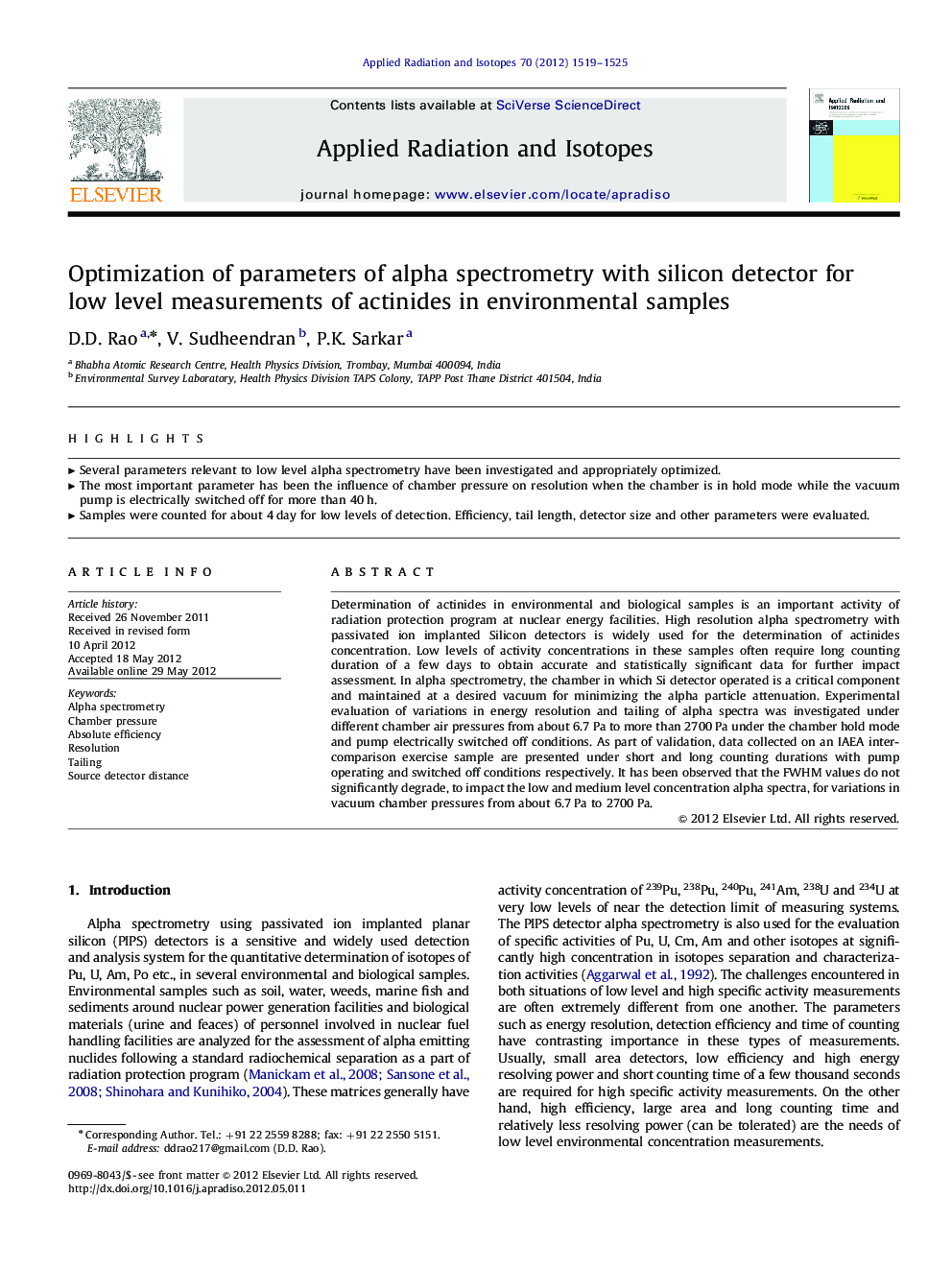 Optimization of parameters of alpha spectrometry with silicon detector for low level measurements of actinides in environmental samples