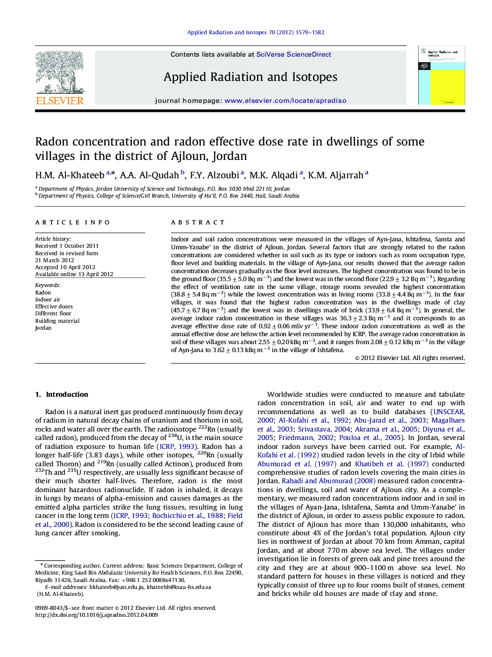 Radon concentration and radon effective dose rate in dwellings of some villages in the district of Ajloun, Jordan