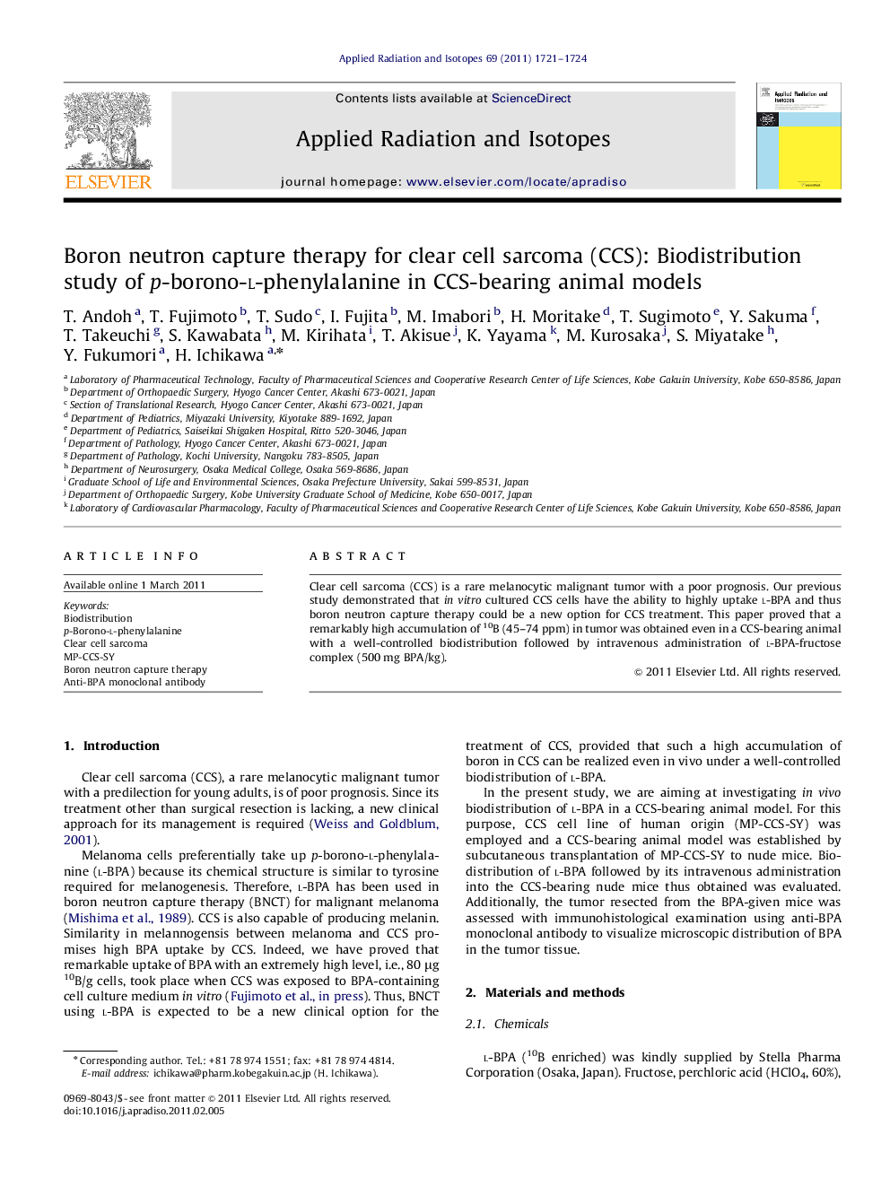 Boron neutron capture therapy for clear cell sarcoma (CCS): Biodistribution study of p-borono-l-phenylalanine in CCS-bearing animal models