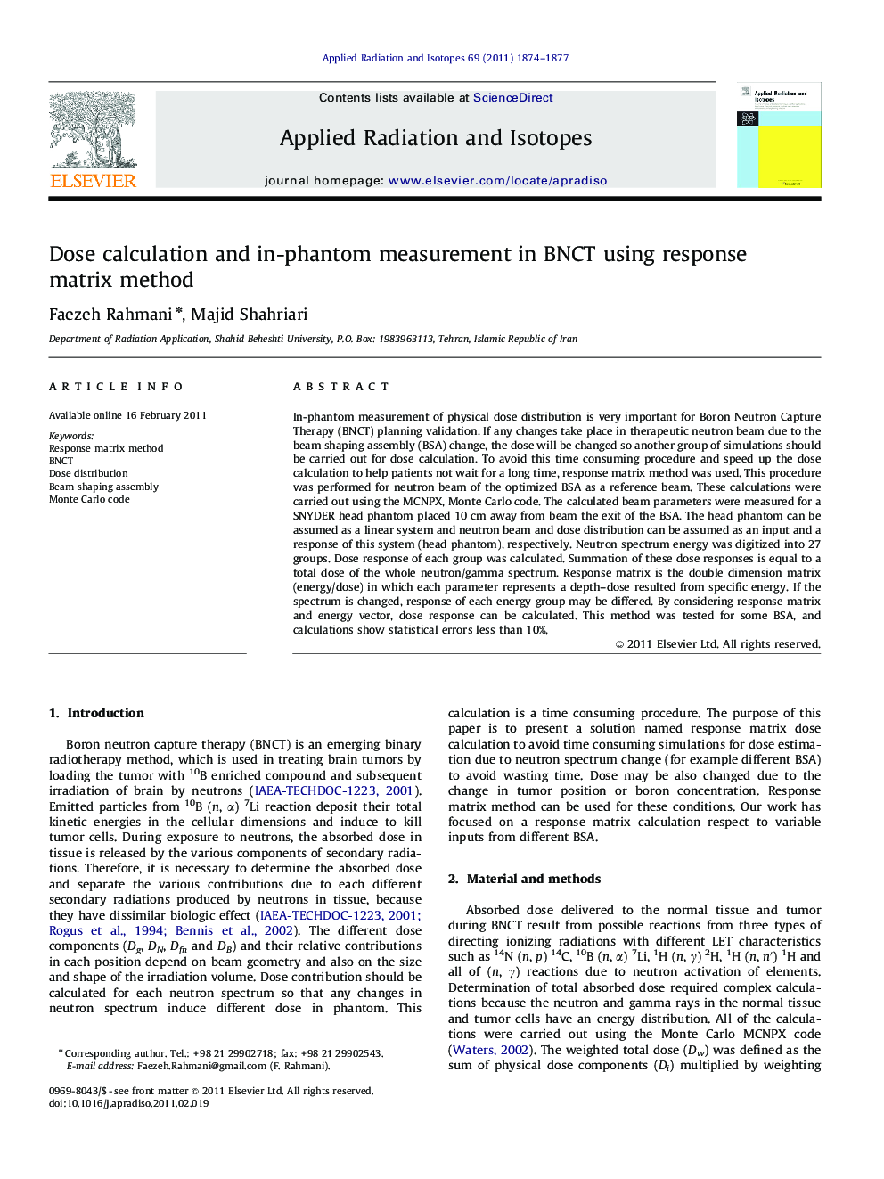 Dose calculation and in-phantom measurement in BNCT using response matrix method