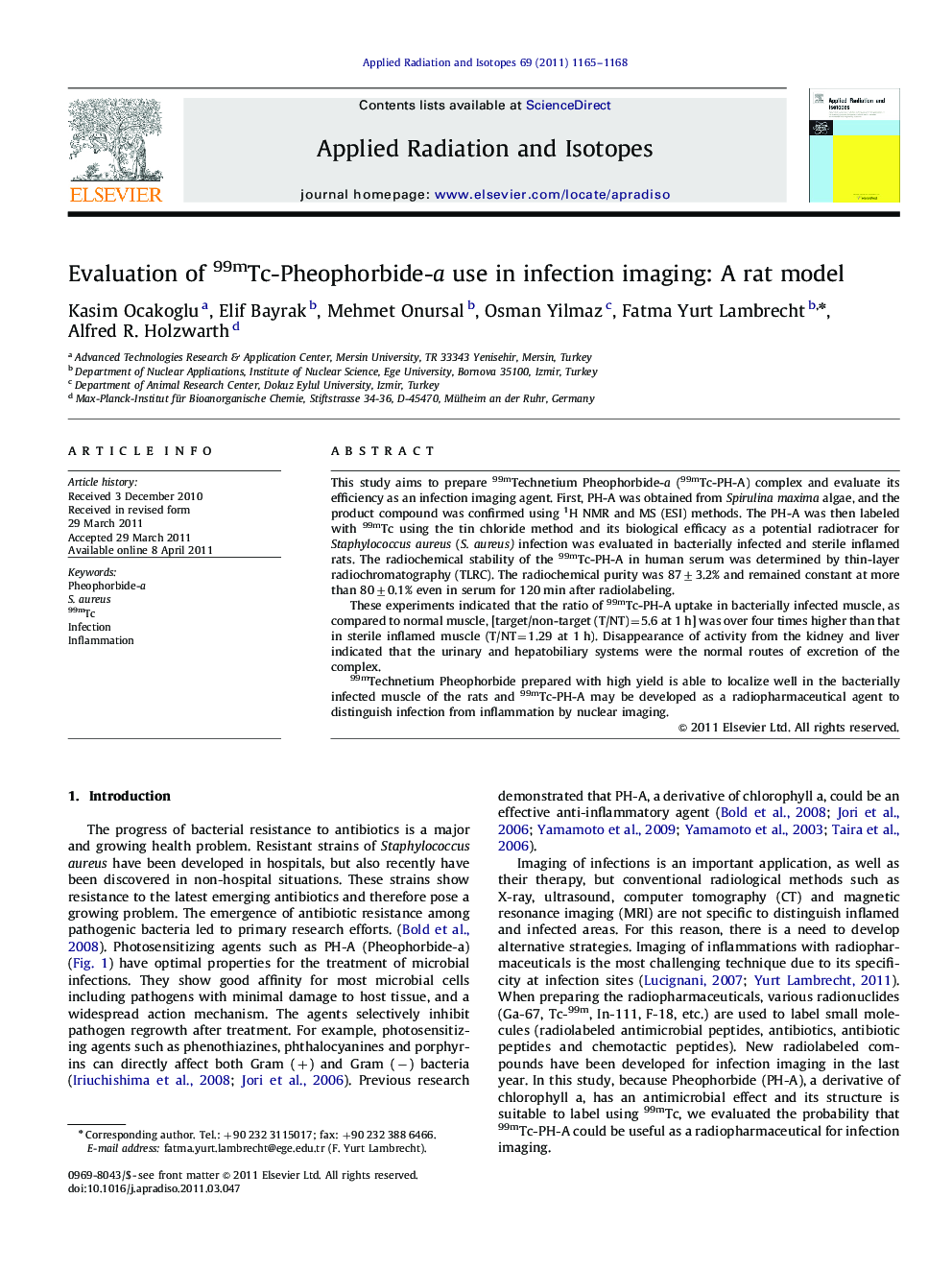 Evaluation of 99mTc-Pheophorbide-a use in infection imaging: A rat model