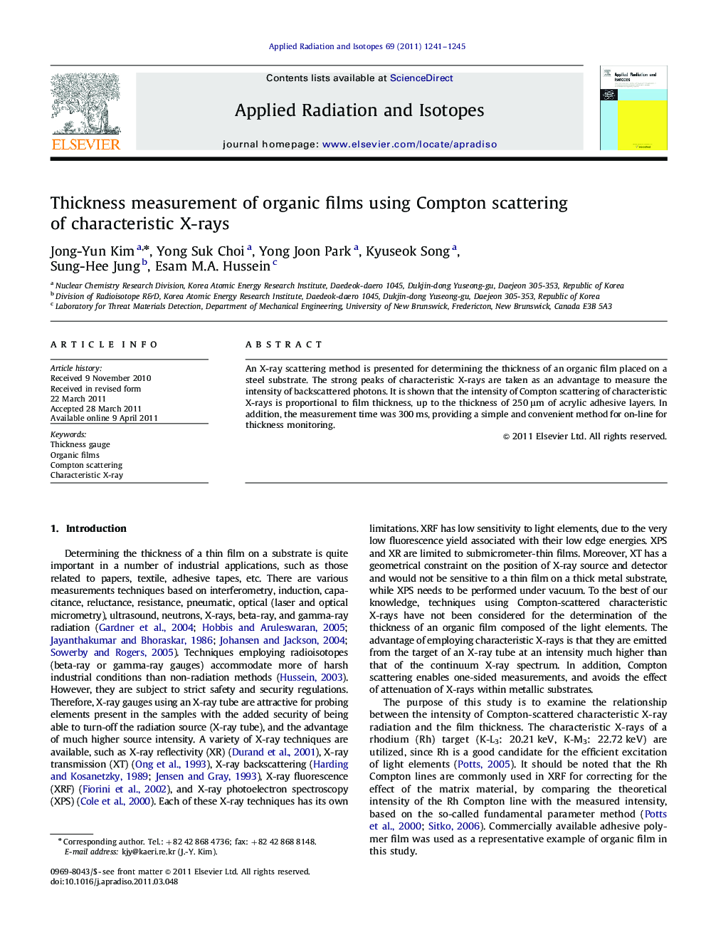 Thickness measurement of organic films using Compton scattering of characteristic X-rays