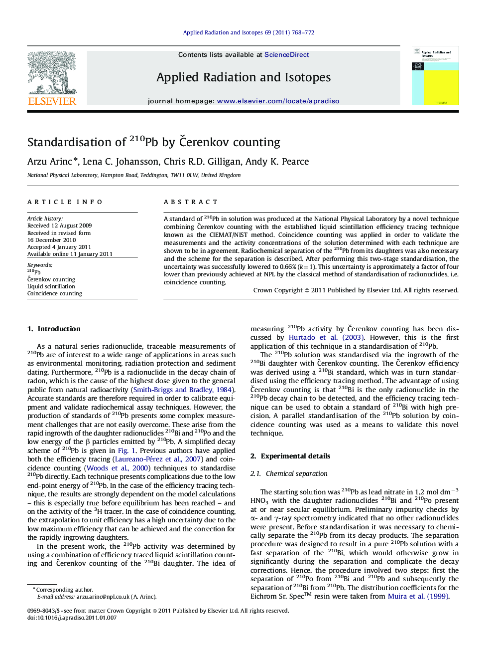 Standardisation of 210Pb by Čerenkov counting