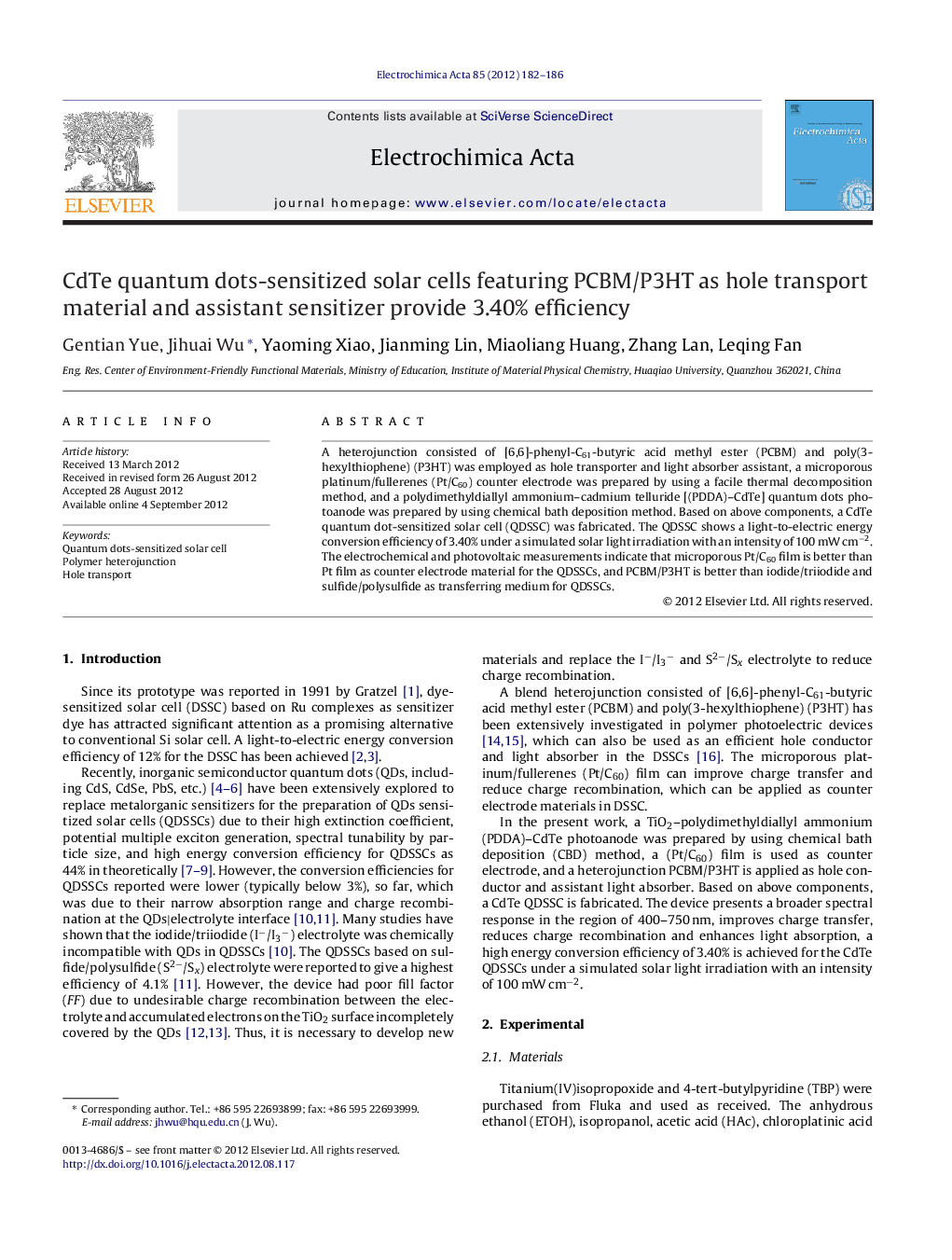 CdTe quantum dots-sensitized solar cells featuring PCBM/P3HT as hole transport material and assistant sensitizer provide 3.40% efficiency