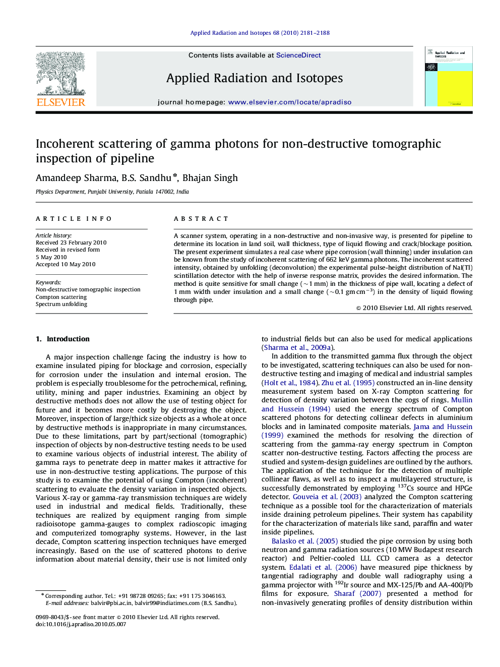 Incoherent scattering of gamma photons for non-destructive tomographic inspection of pipeline