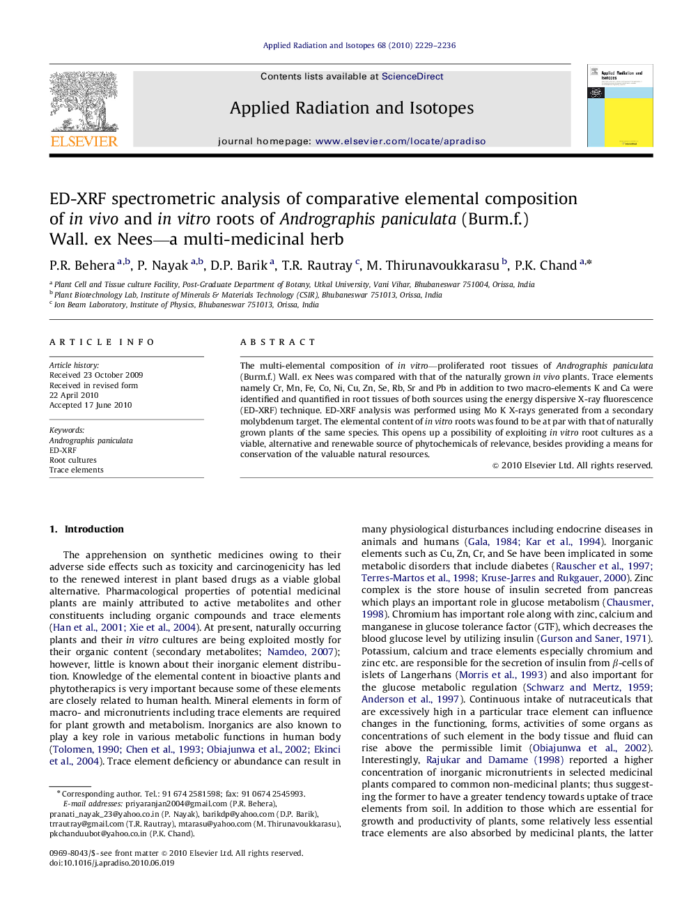 ED-XRF spectrometric analysis of comparative elemental composition of in vivo and in vitro roots of Andrographis paniculata (Burm.f.) Wall. ex Nees—a multi-medicinal herb