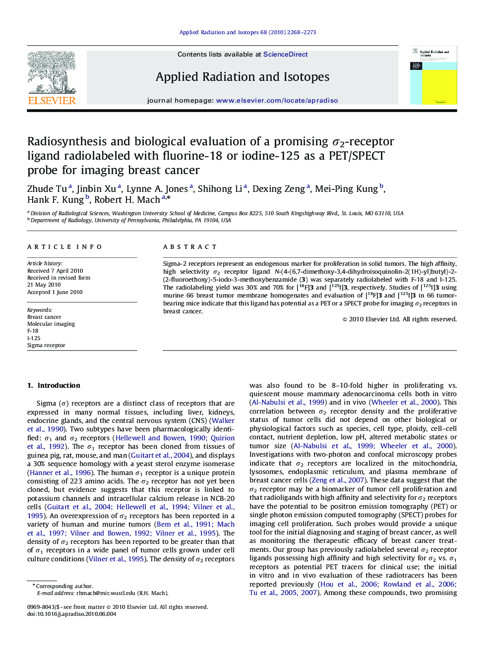 Radiosynthesis and biological evaluation of a promising σ2-receptor ligand radiolabeled with fluorine-18 or iodine-125 as a PET/SPECT probe for imaging breast cancer